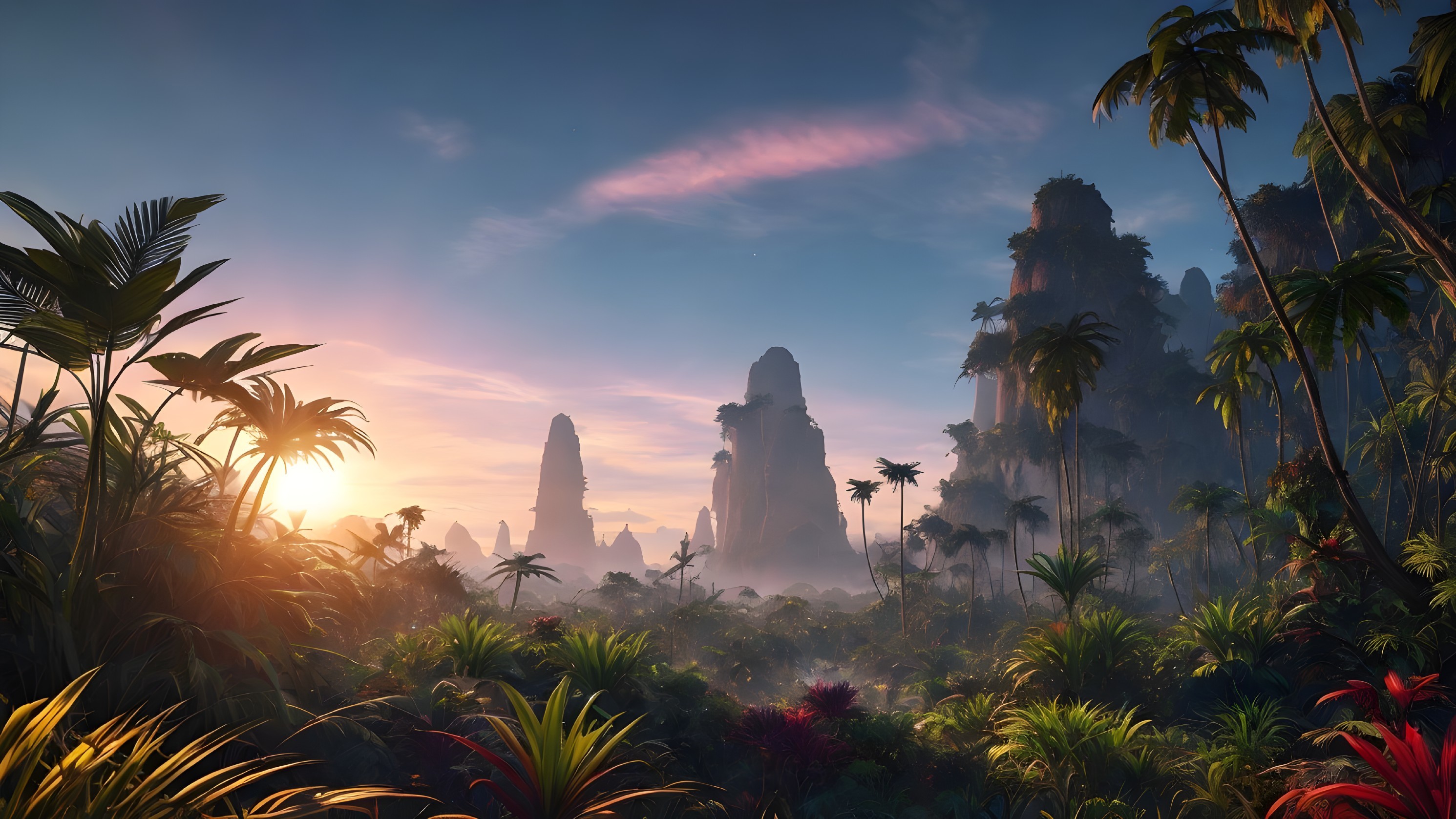 Towering Rock Formations in Vibrant Tropical Landscape