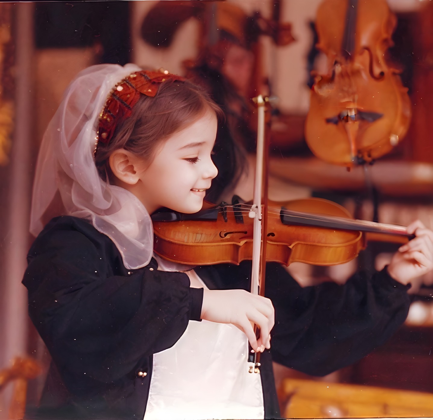 Young Girl in Black and White Outfit Playing Violin