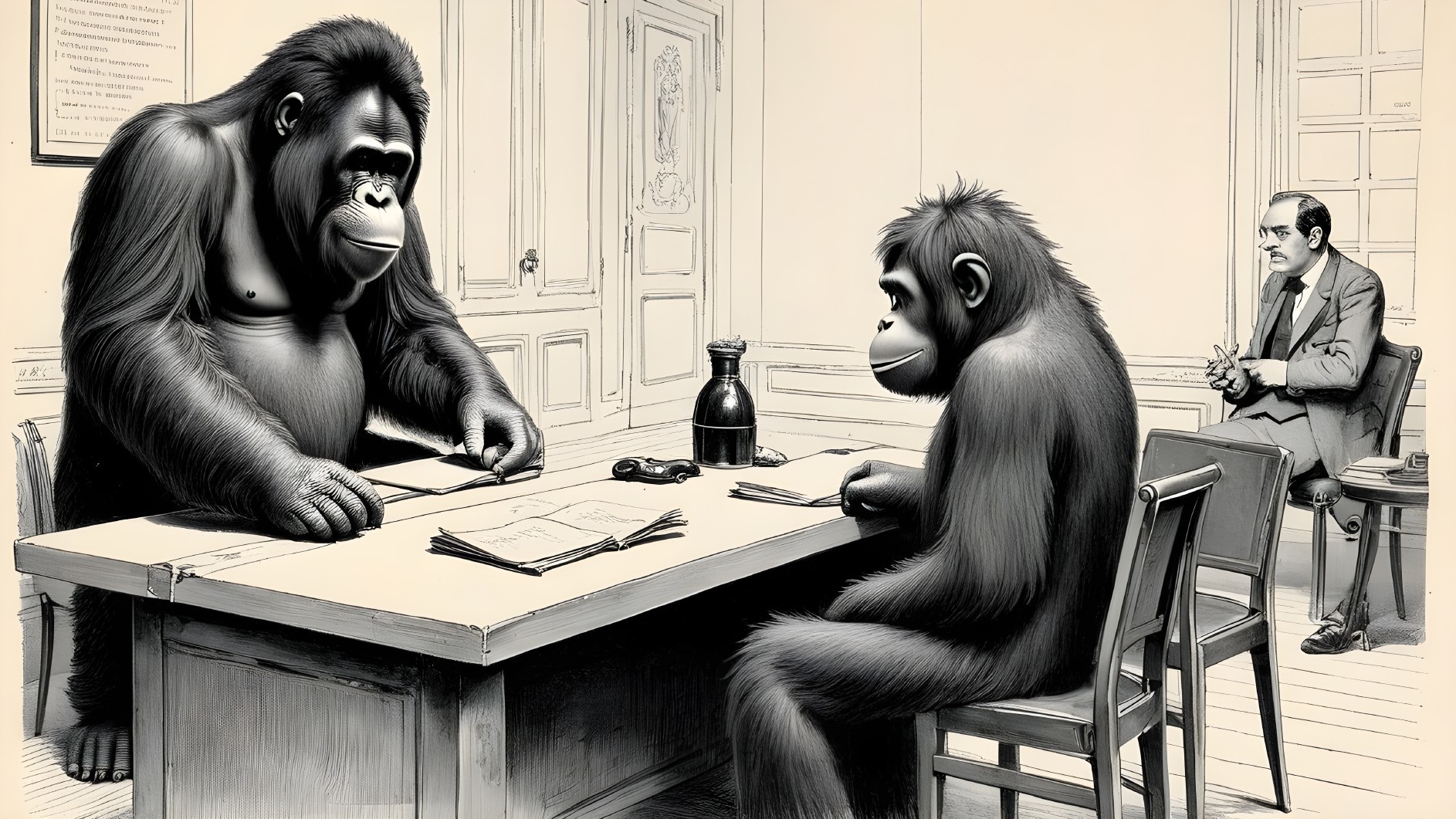 Gorillas in Formal Discussion at Wooden Table