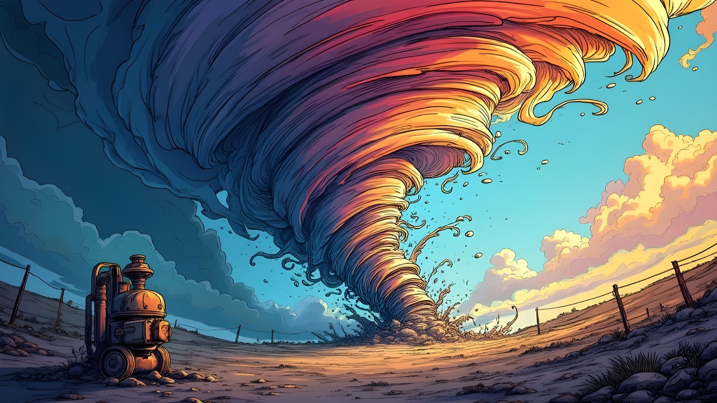 Vibrant Tornado Over Deserted Landscape with Vintage Machine