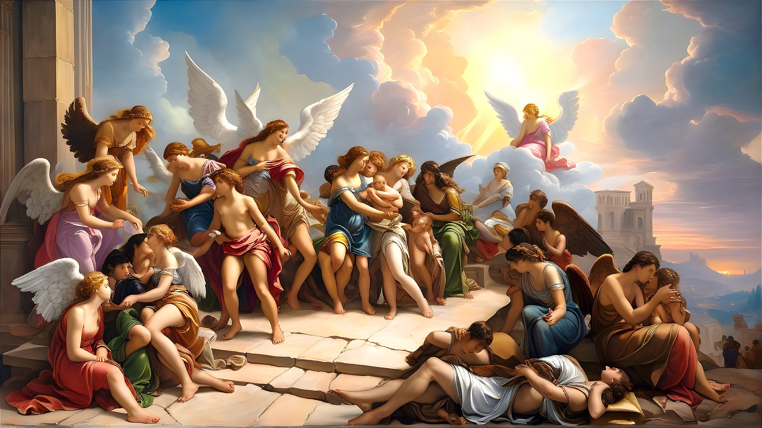 Angelic and Human Connection in a Celestial Scene