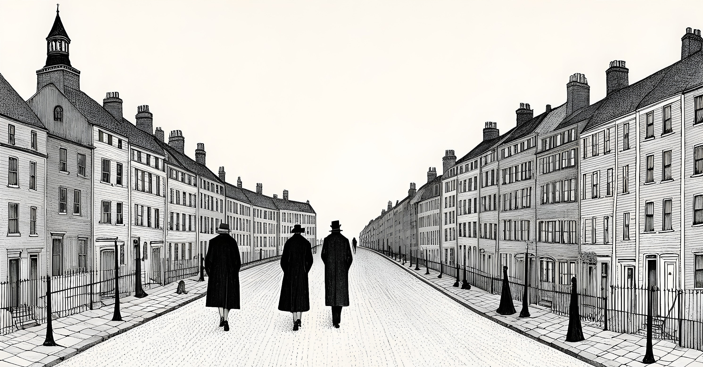 Three Figures Walking on a Monochromatic Street