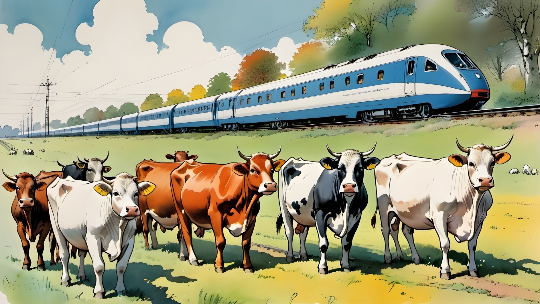High-Speed Train and Cows in Countryside Scene