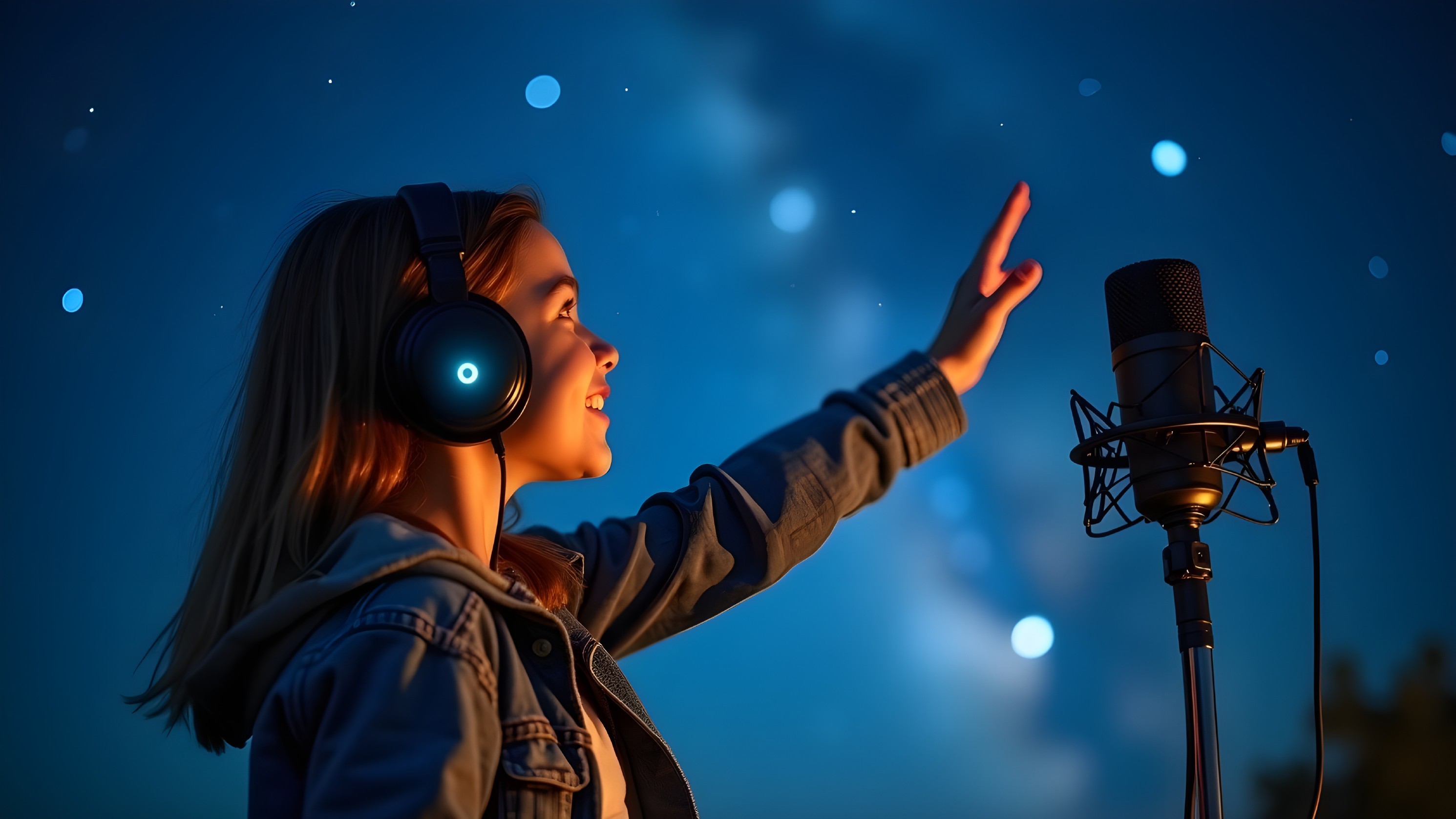 Young girl with headphones and microphone under stars