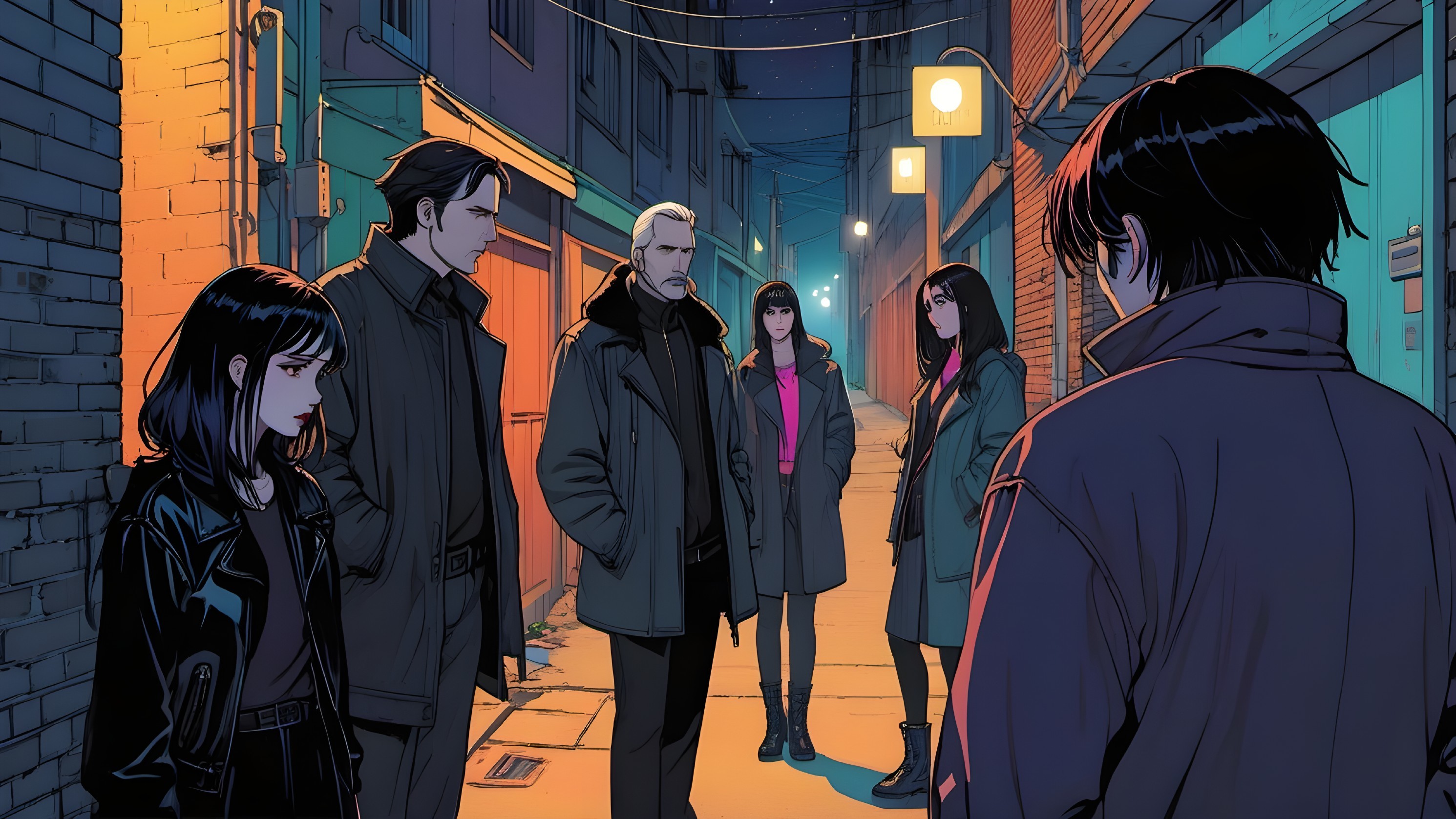 Urban Alley Confrontation with Colorful Street Lamps