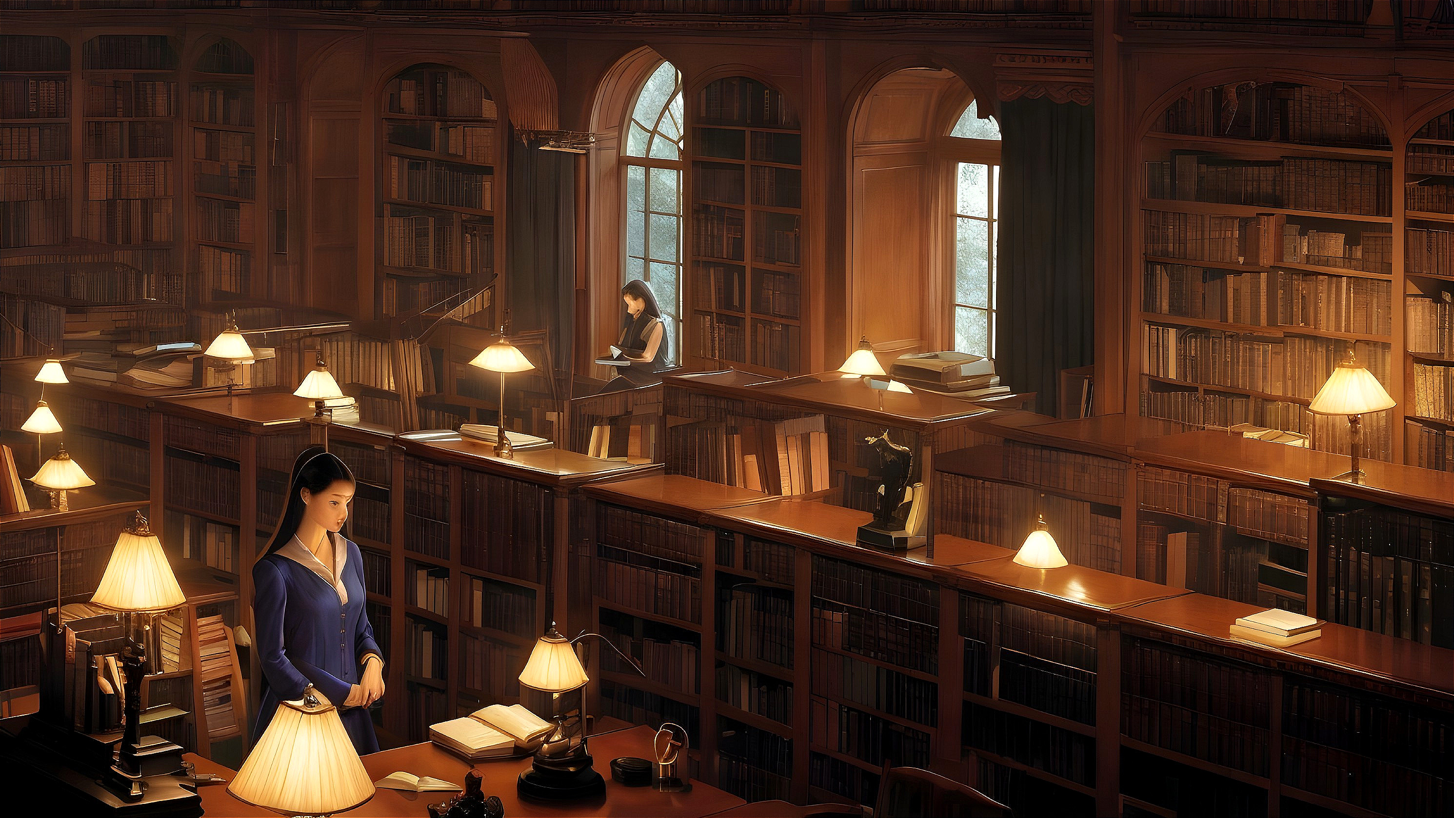 Serene Library with Wooden Shelves and Warm Lighting