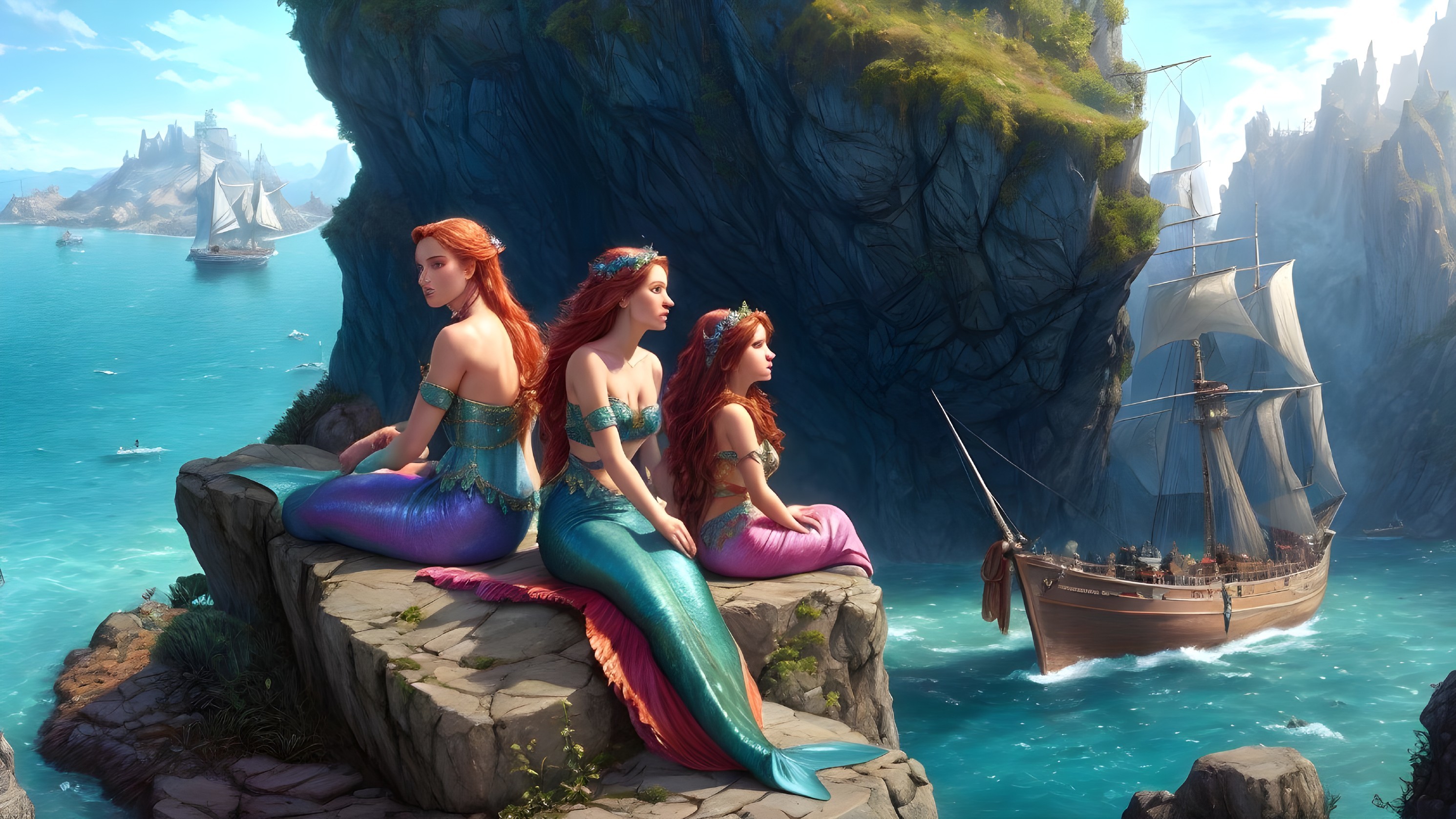 Mermaids on a Cliff Overlooking a Vibrant Sea