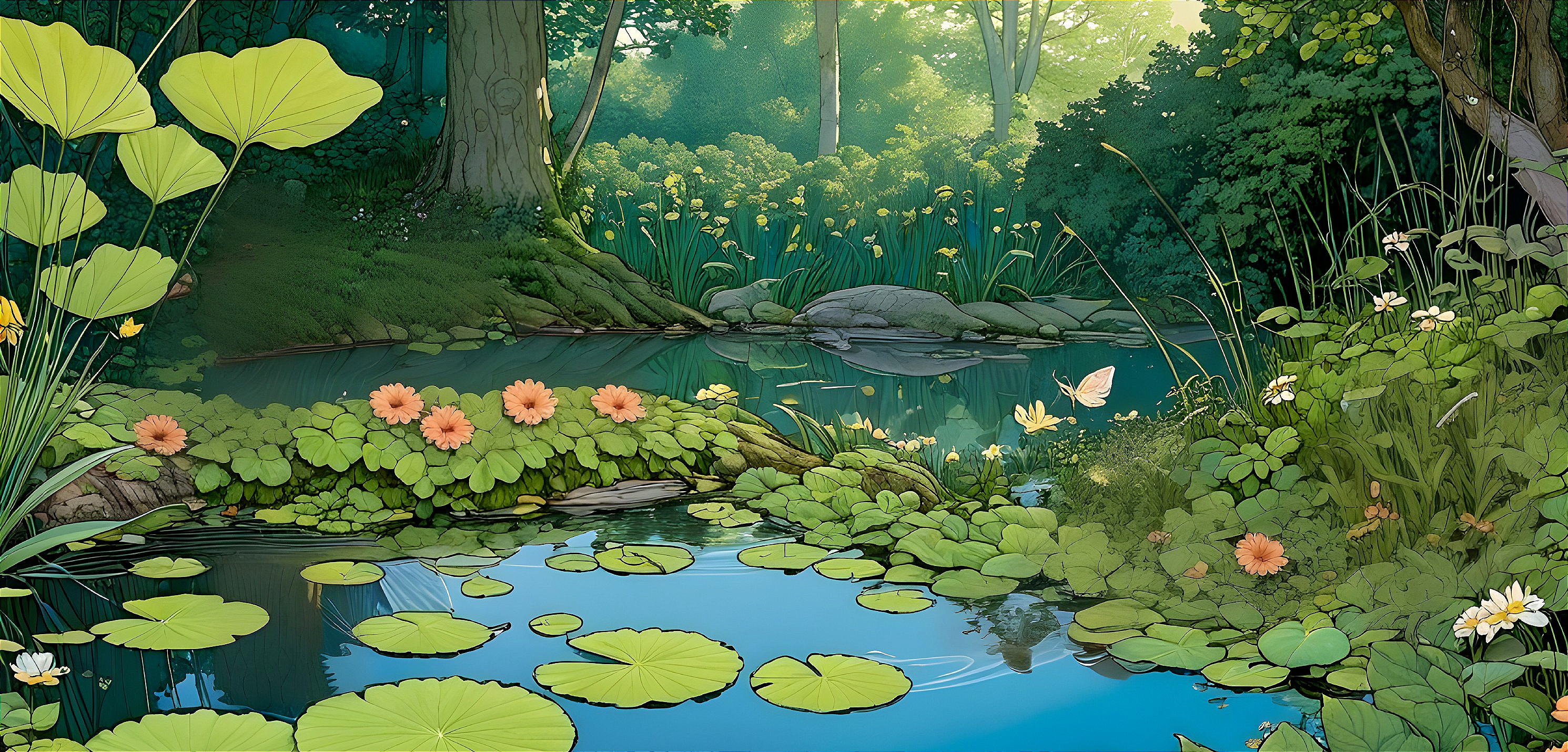 Tranquil Pond Surrounded by Lush Greenery and Flowers