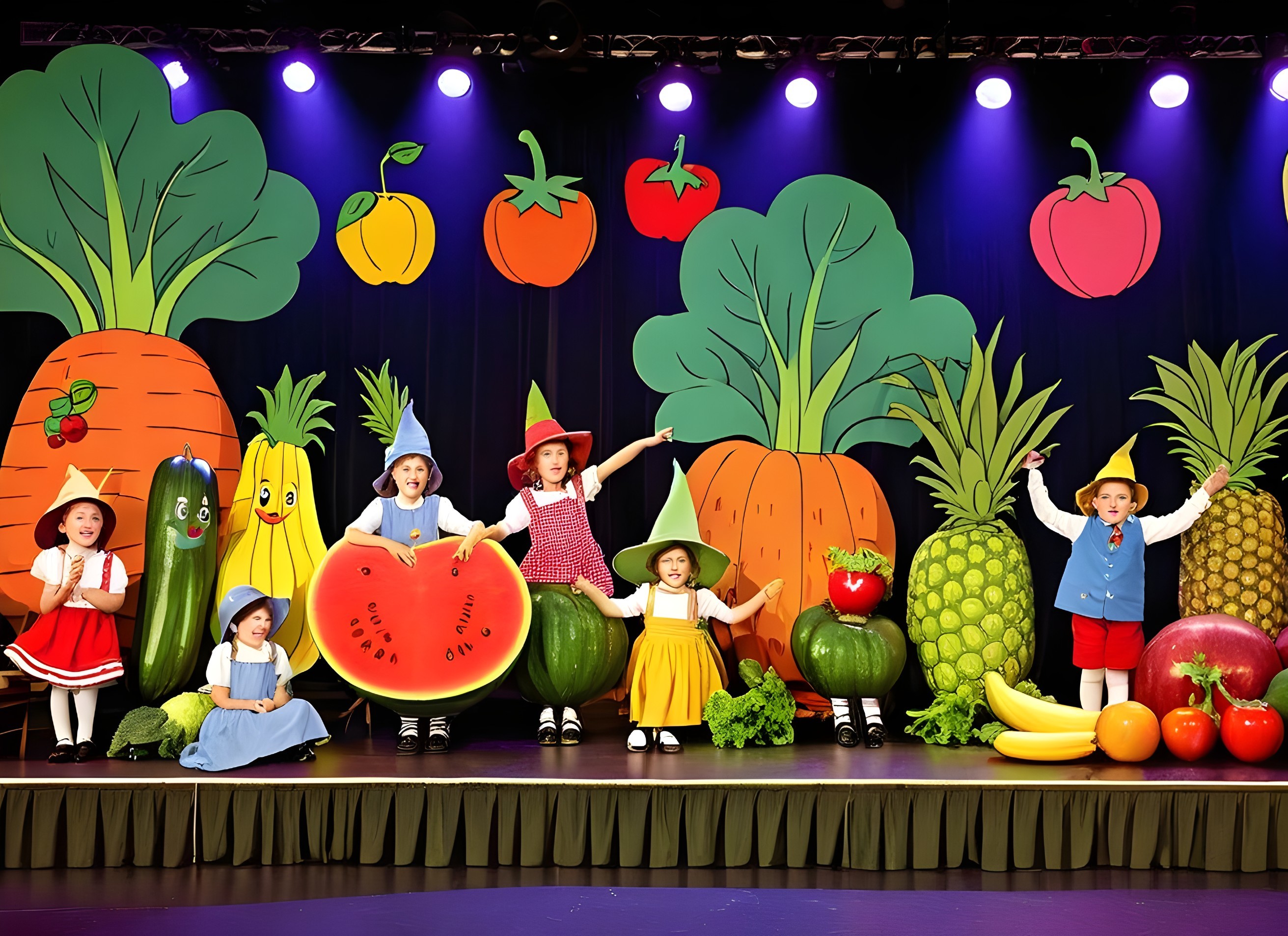 Children in Colorful Fruit and Vegetable Costumes