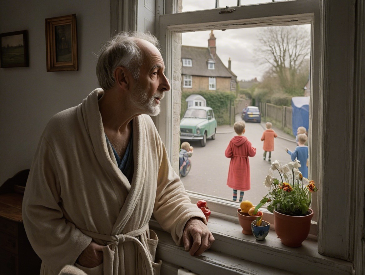 Elderly Man in Bathrobe Observes Children Playing