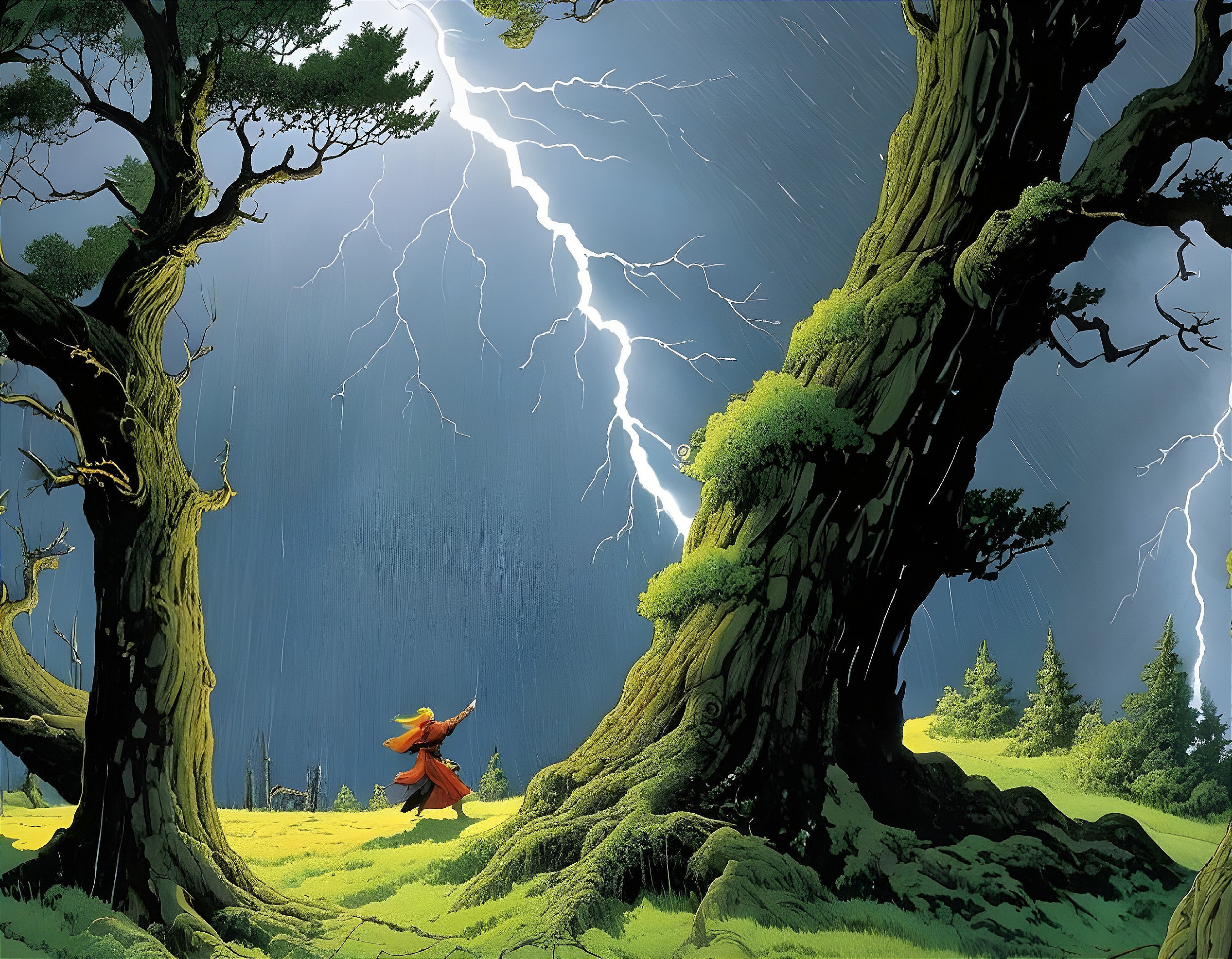 Figure in Red Cloak Amidst Stormy Landscape