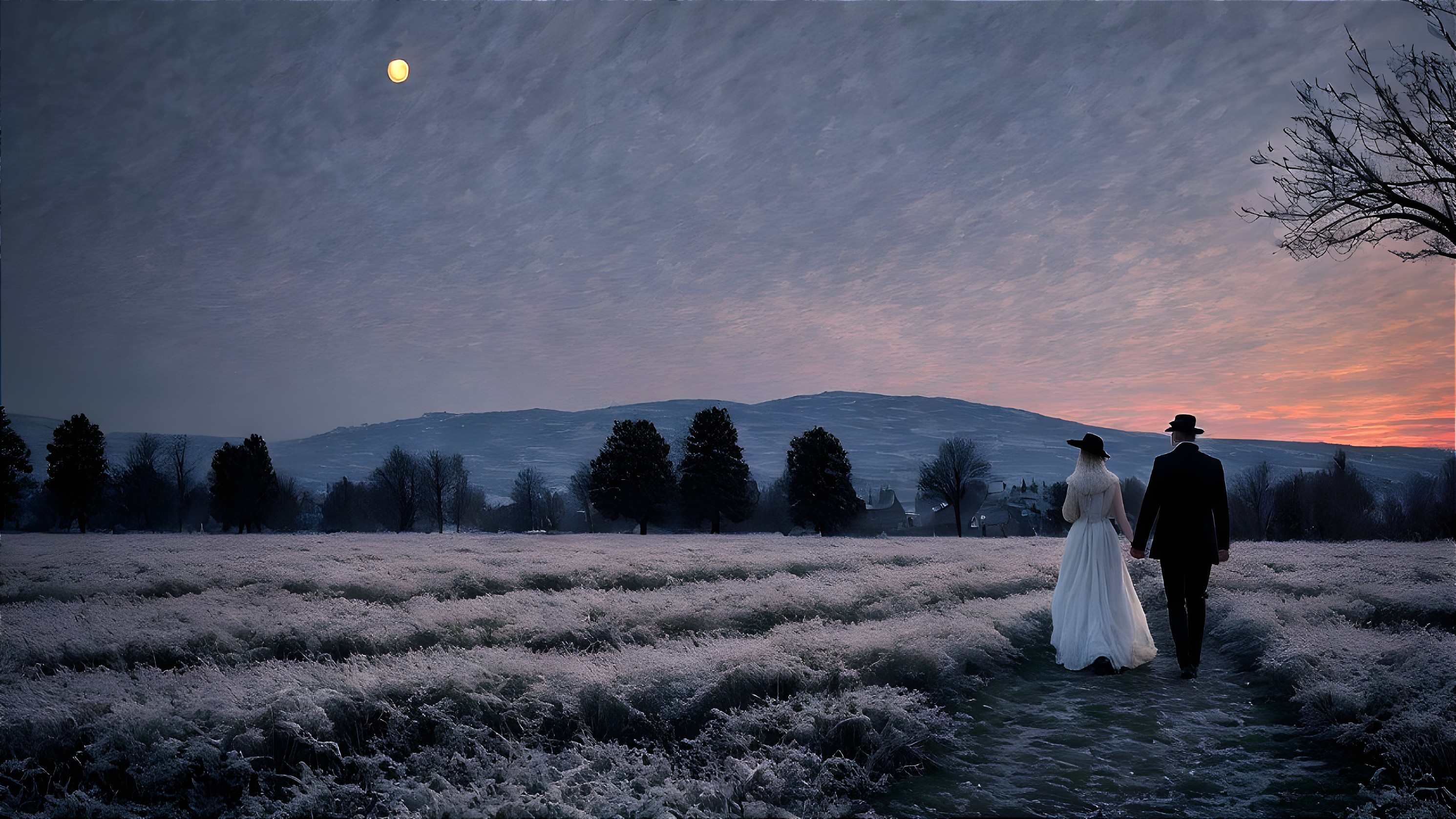 Couple in Elegant Attire in a Frosty Winter Field