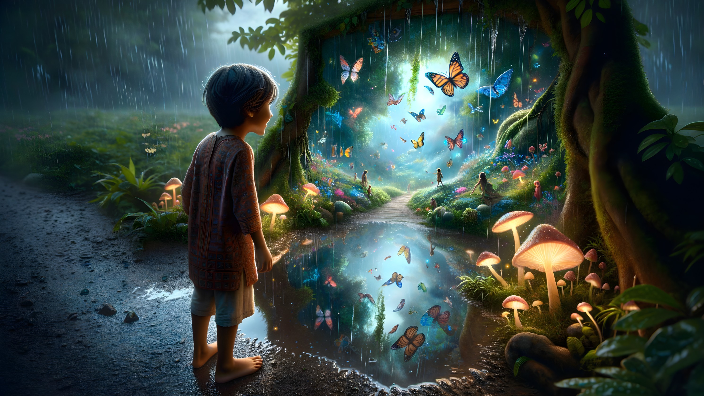 Boy in enchanted forest with magical tree portal