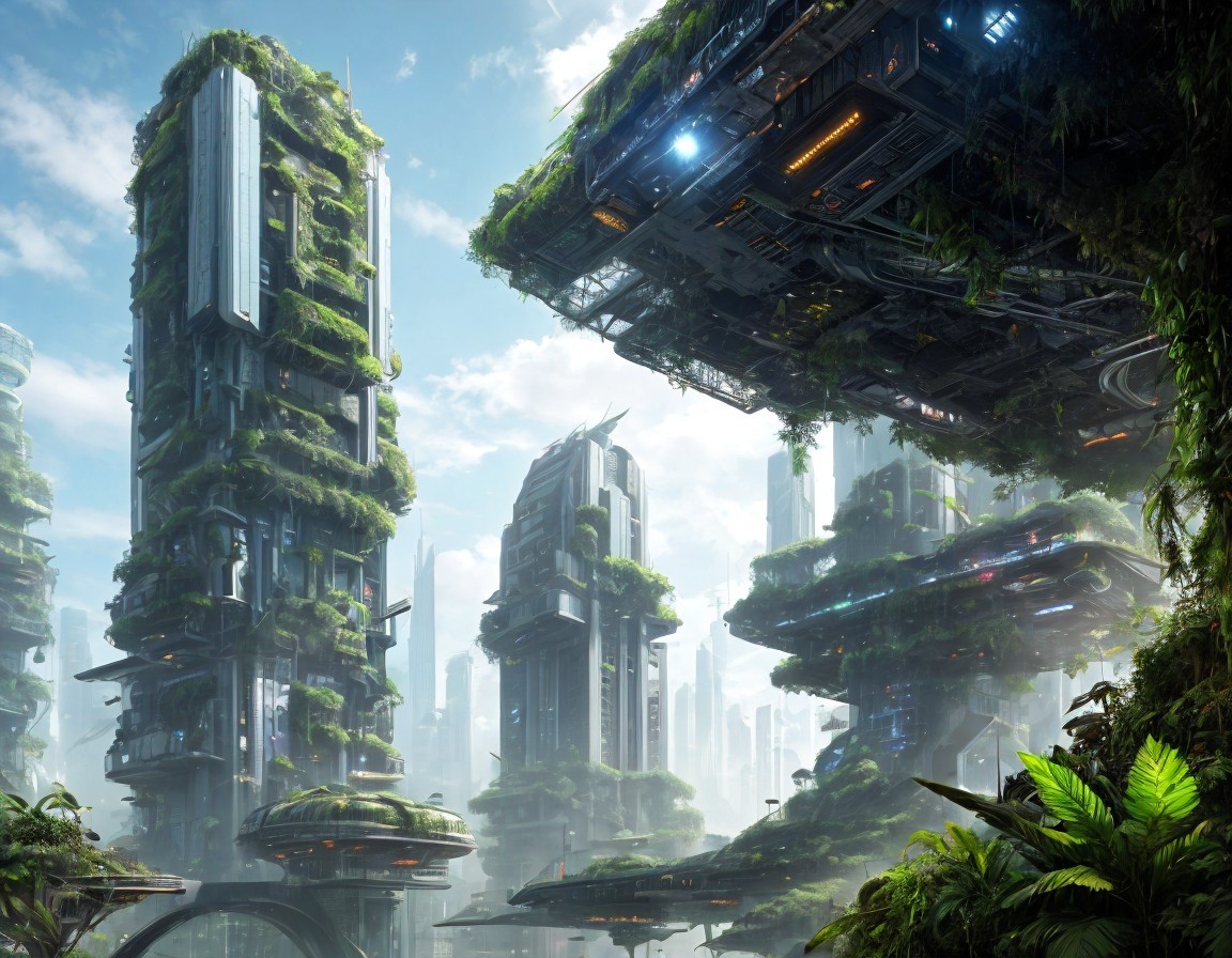 Futuristic cityscape with greenery and sleek buildings