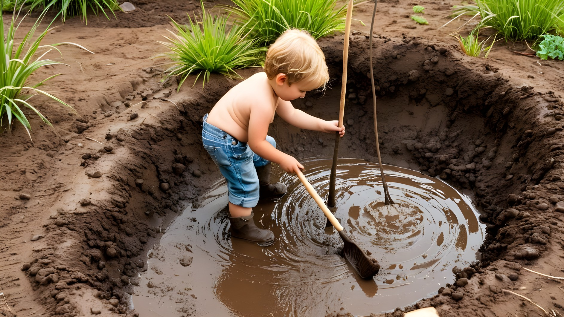 Child in denim overalls playing in muddy pit