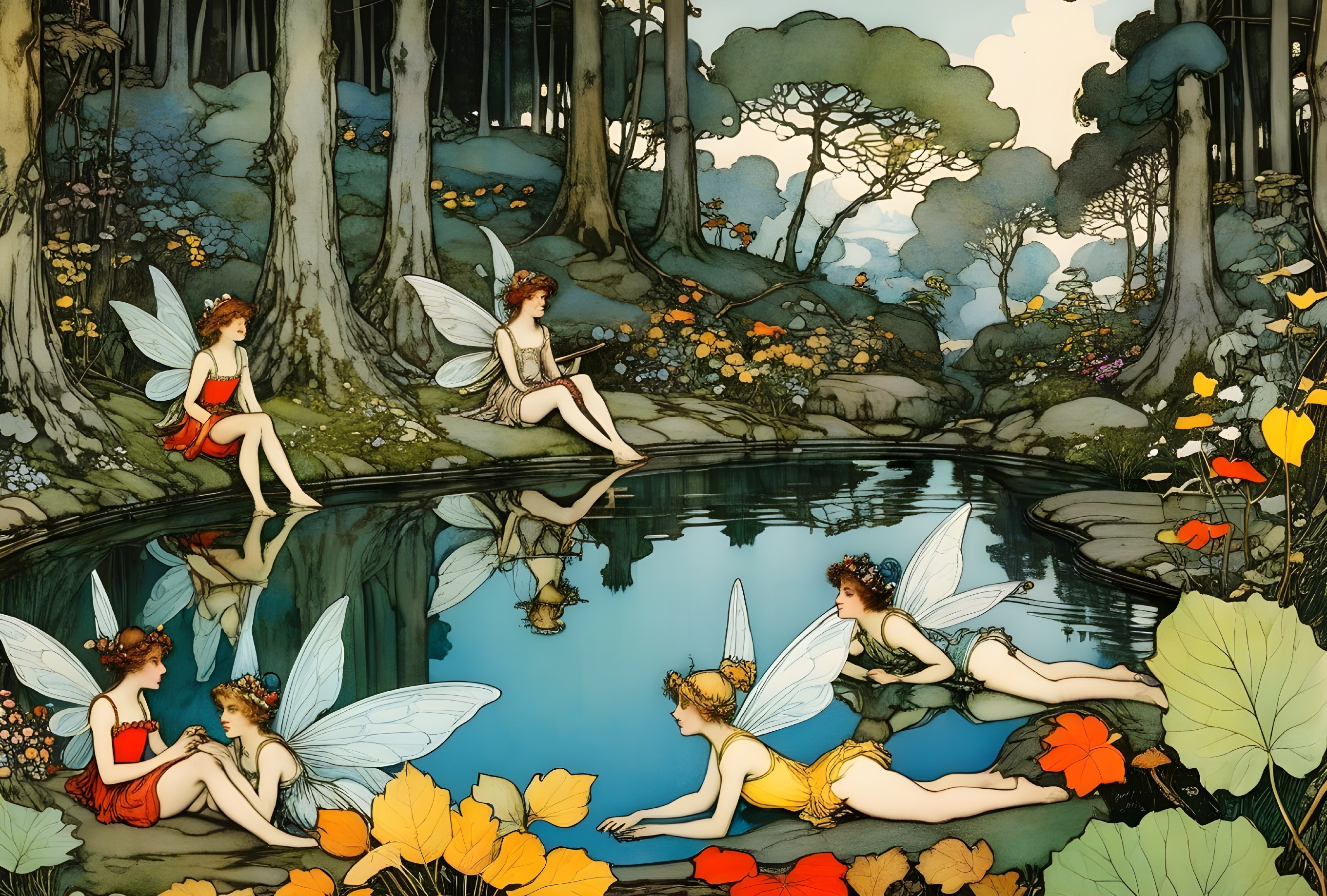 Whimsical Fairies Gather by Serene Forest Pond