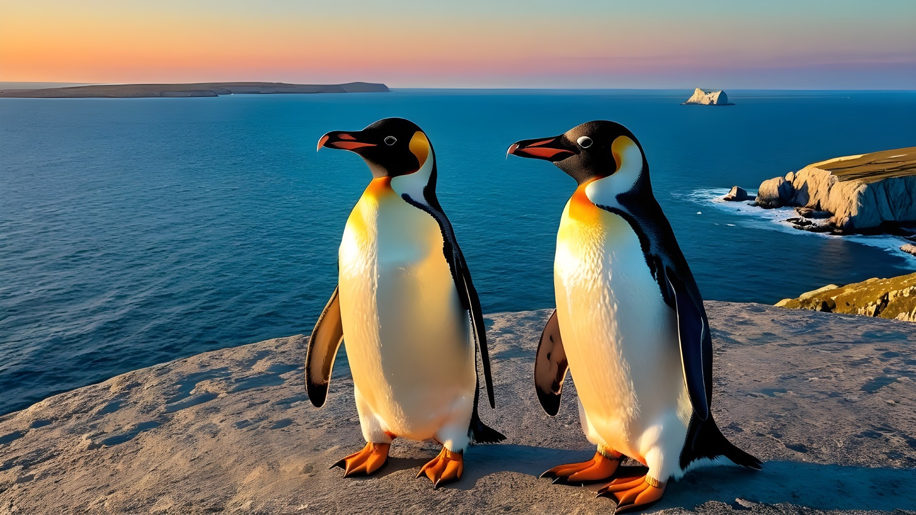 Vibrant Penguins on Rocky Ledge at Sunset Over Ocean