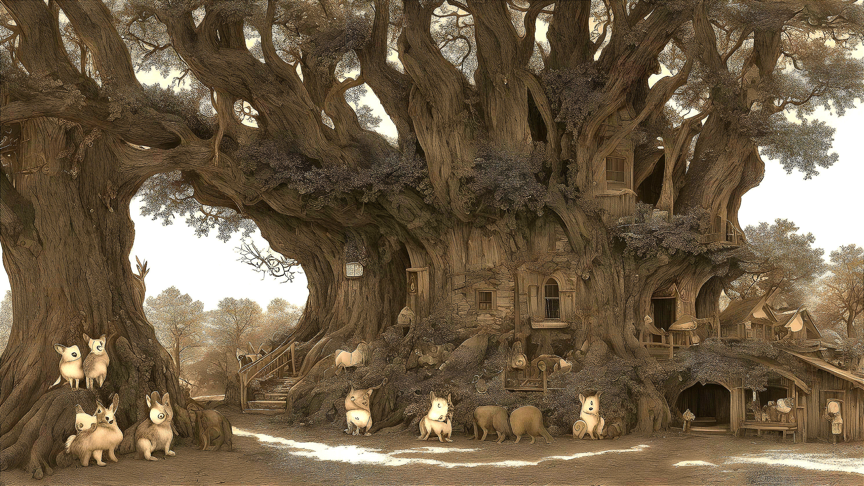 Whimsical Tree Scene with Cozy Houses and Animals