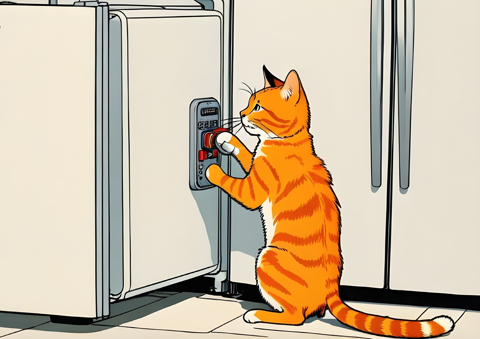 Curious Orange Tabby Cat Interacts with Refrigerator
