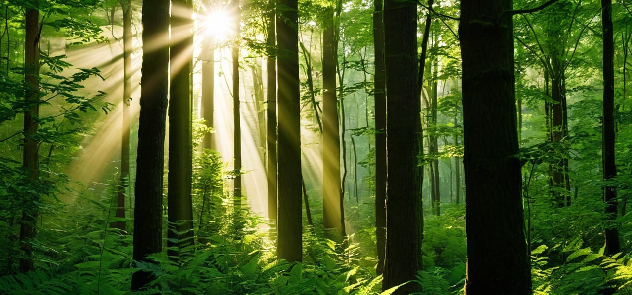 Sunlight Illuminates a Dense Forest with Lush Greenery