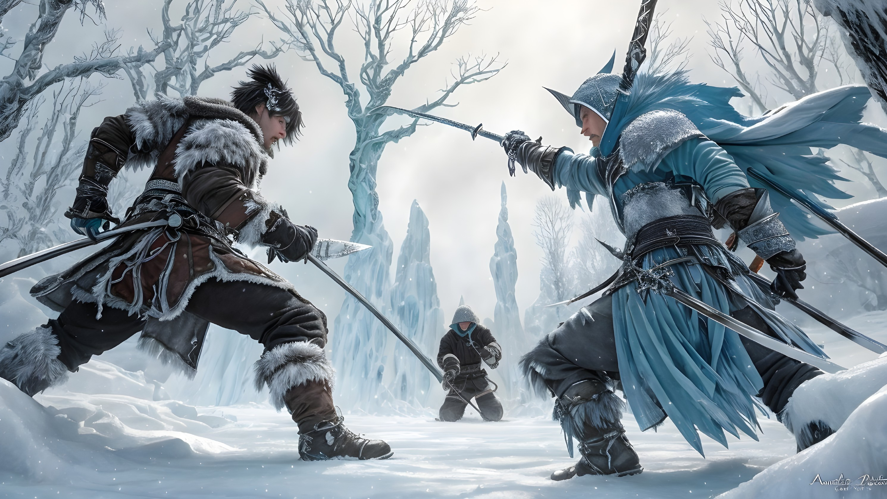 Warriors in Fur and Armor Amidst a Frozen Landscape