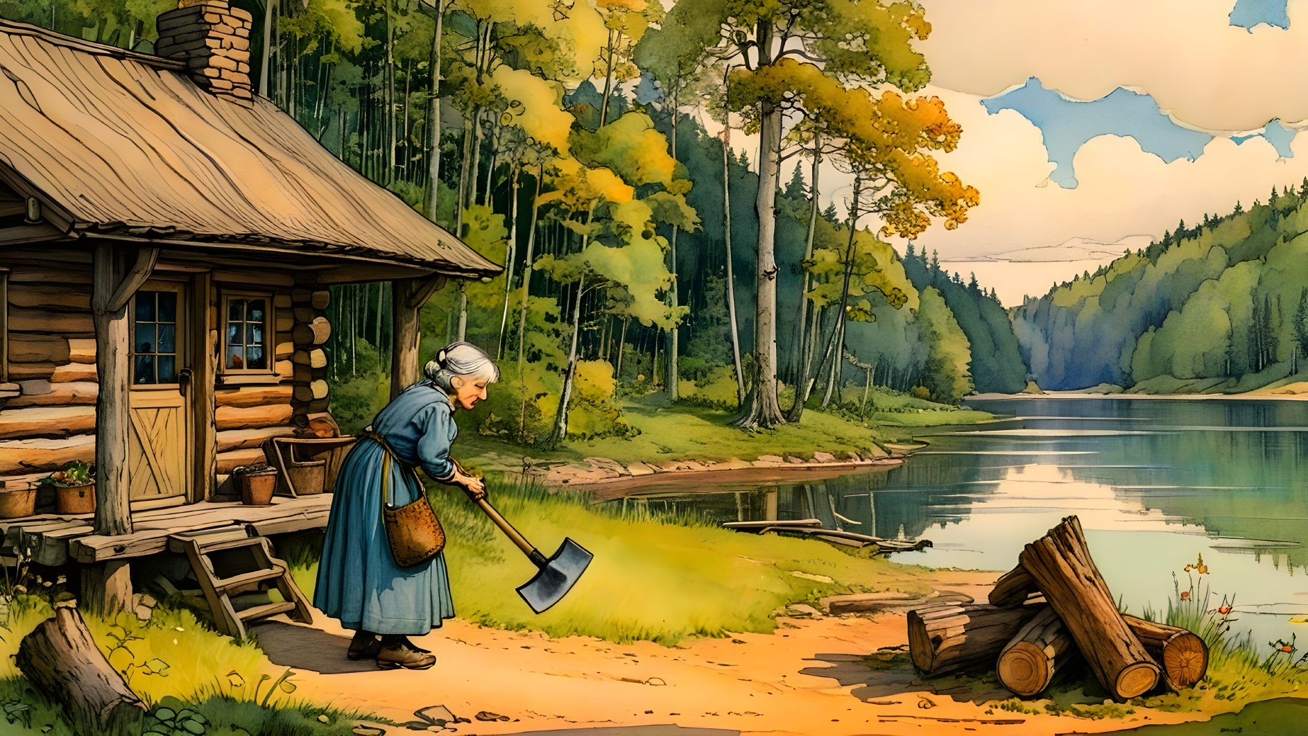Lakeside Scene with Cabin and Elderly Woman Chopping Wood
