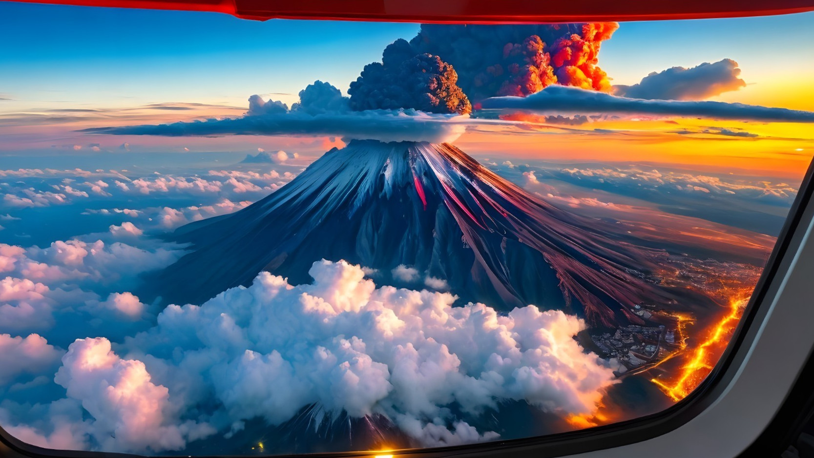 Aerial View of Erupting Volcano at Sunset