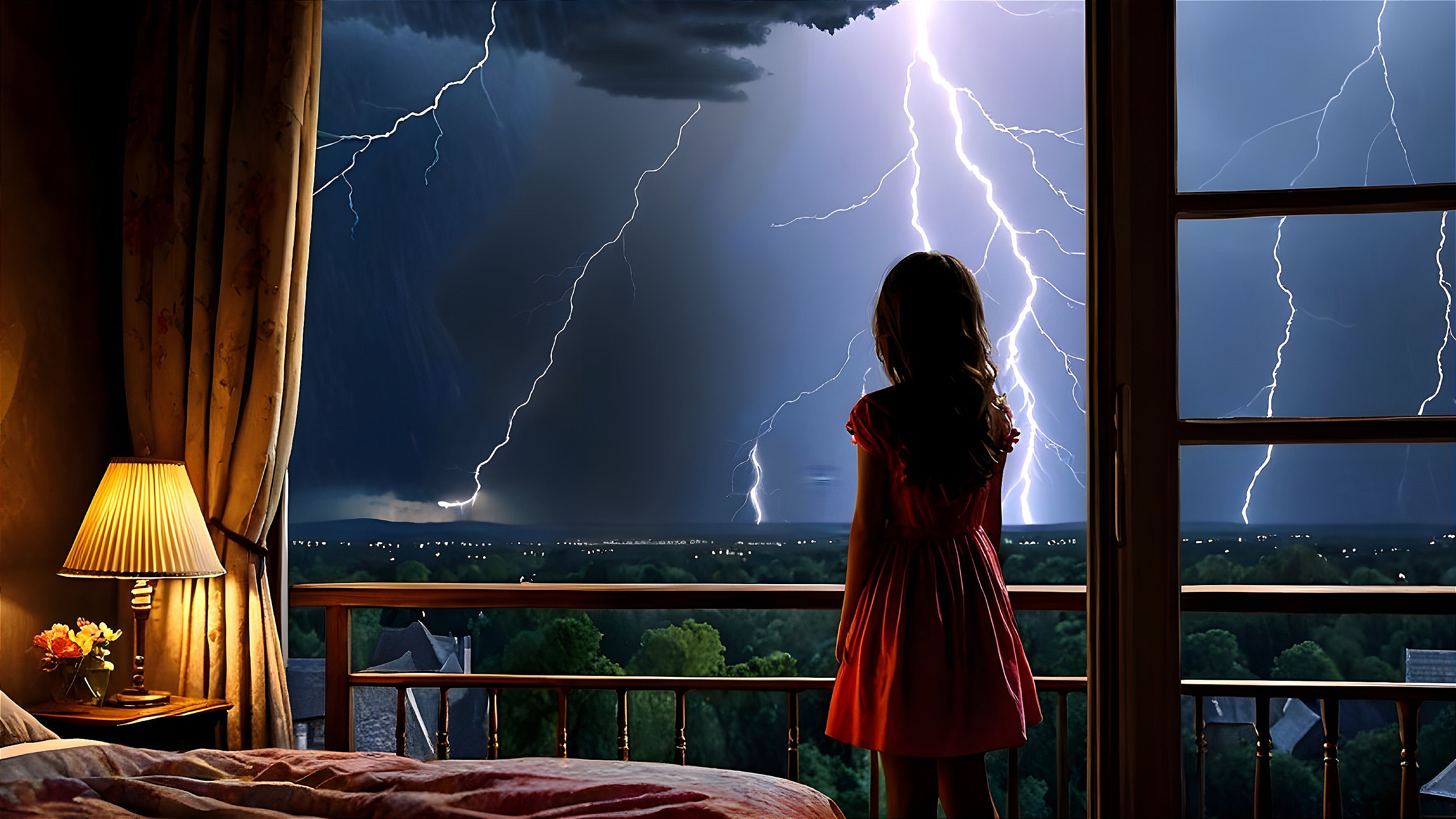 Young girl observes stormy night from dim room