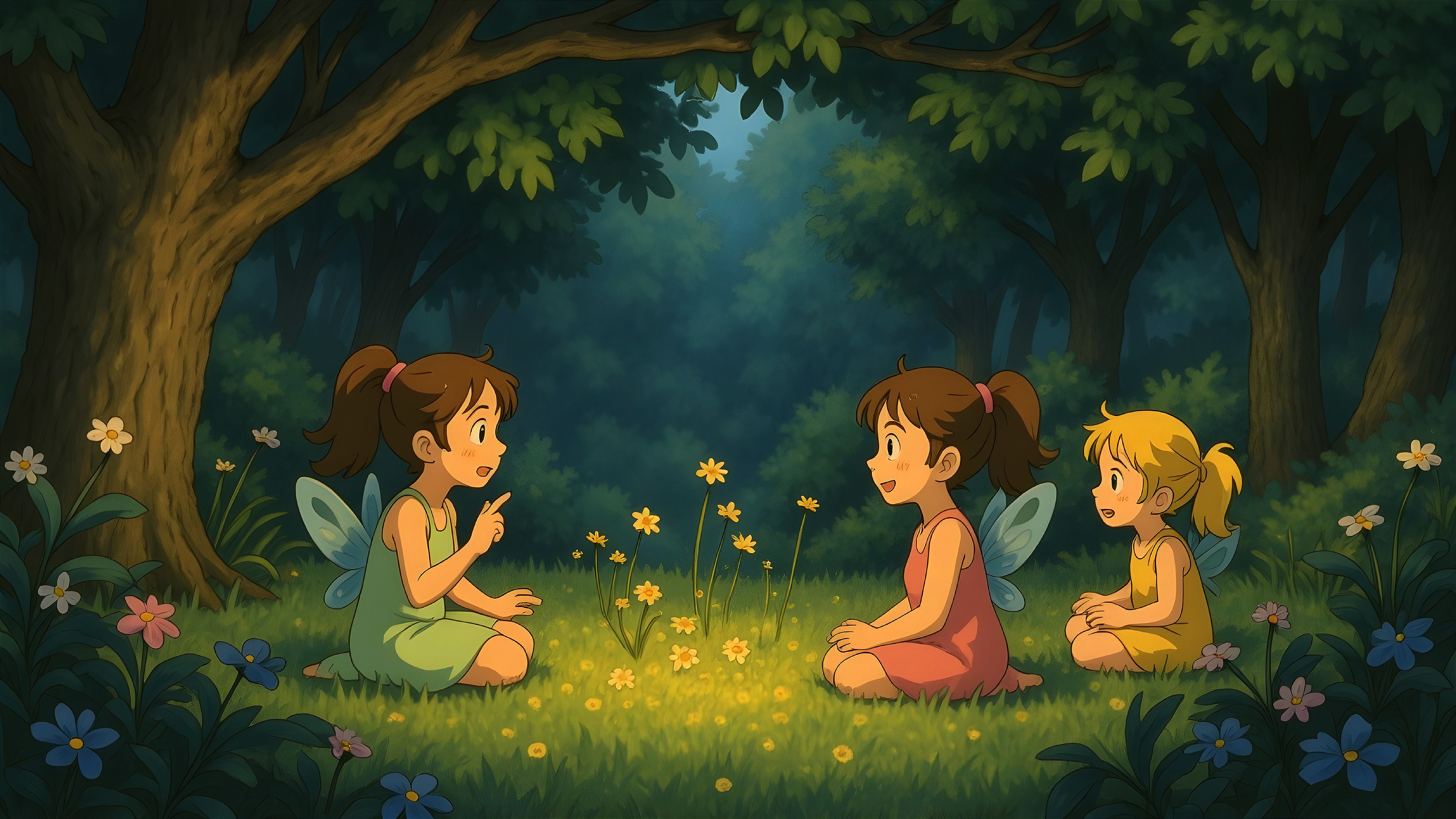 Three Young Girls with Fairy Wings in a Forest Glade