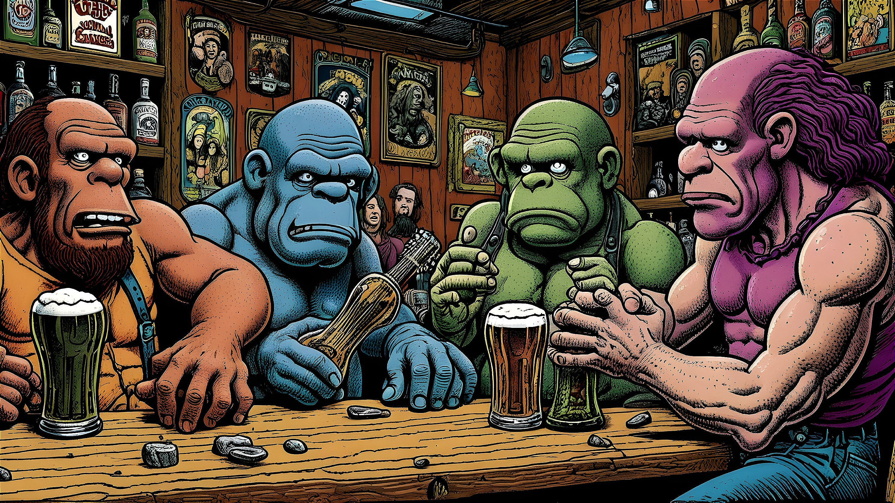 Anthropomorphic gorillas in a lively bar setting