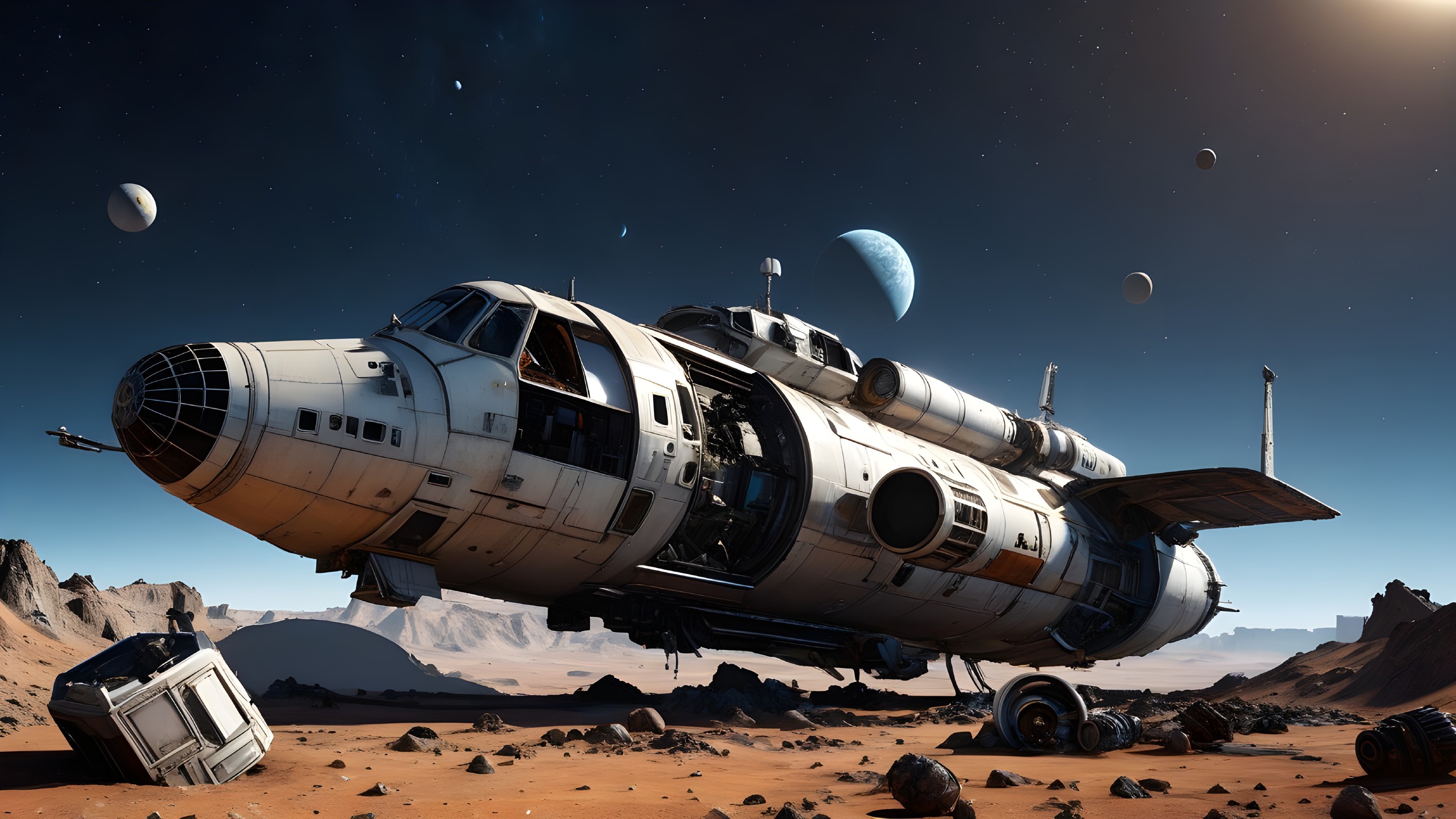 Weathered Spacecraft on Reddish Desert Landscape