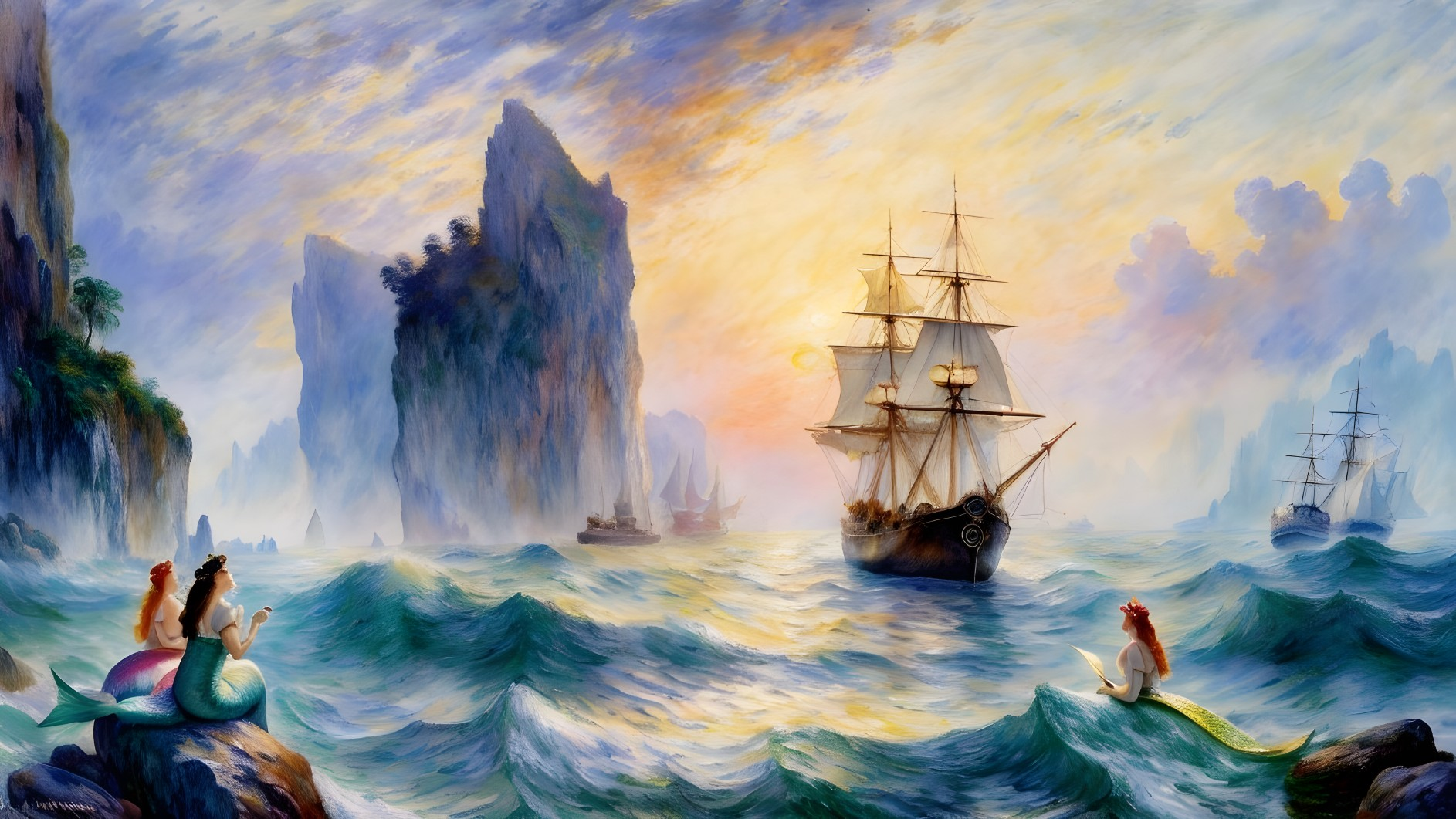 Serene Seascape with Mermaids and Sailing Ship