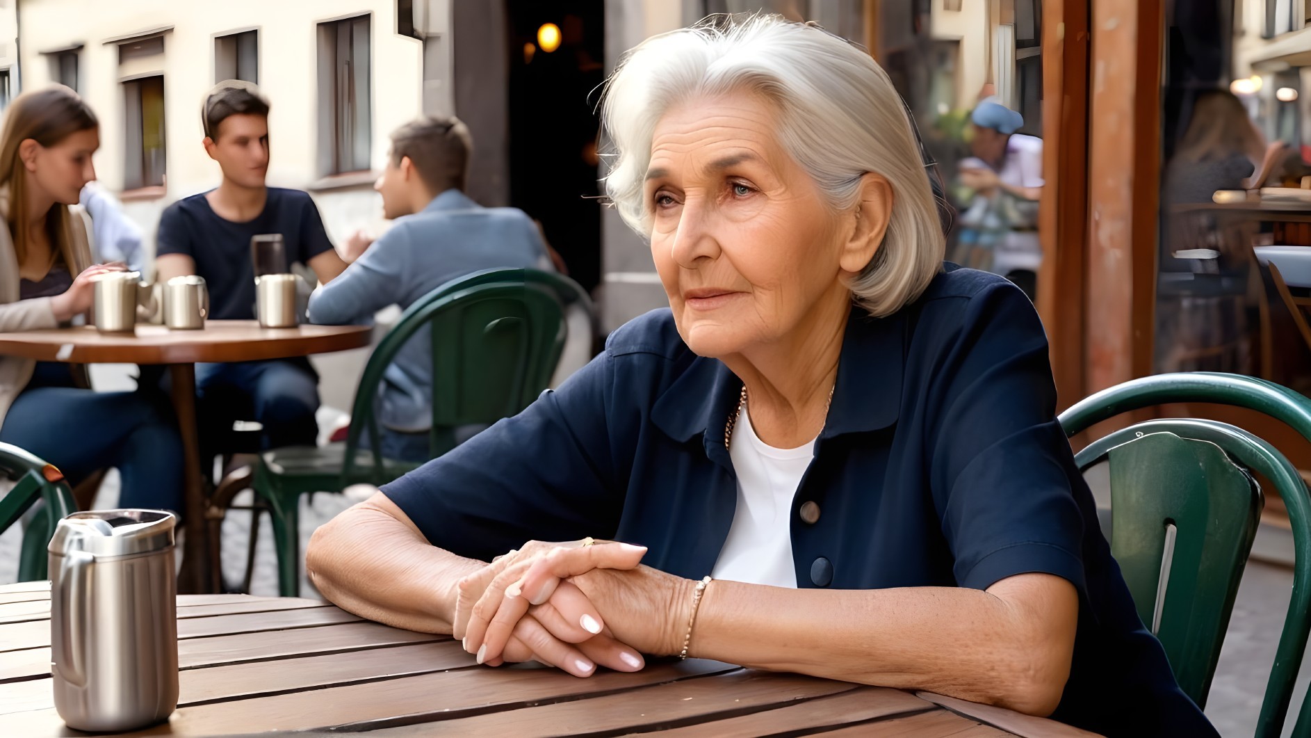 Elderly Woman in Café with Lively Background Scene