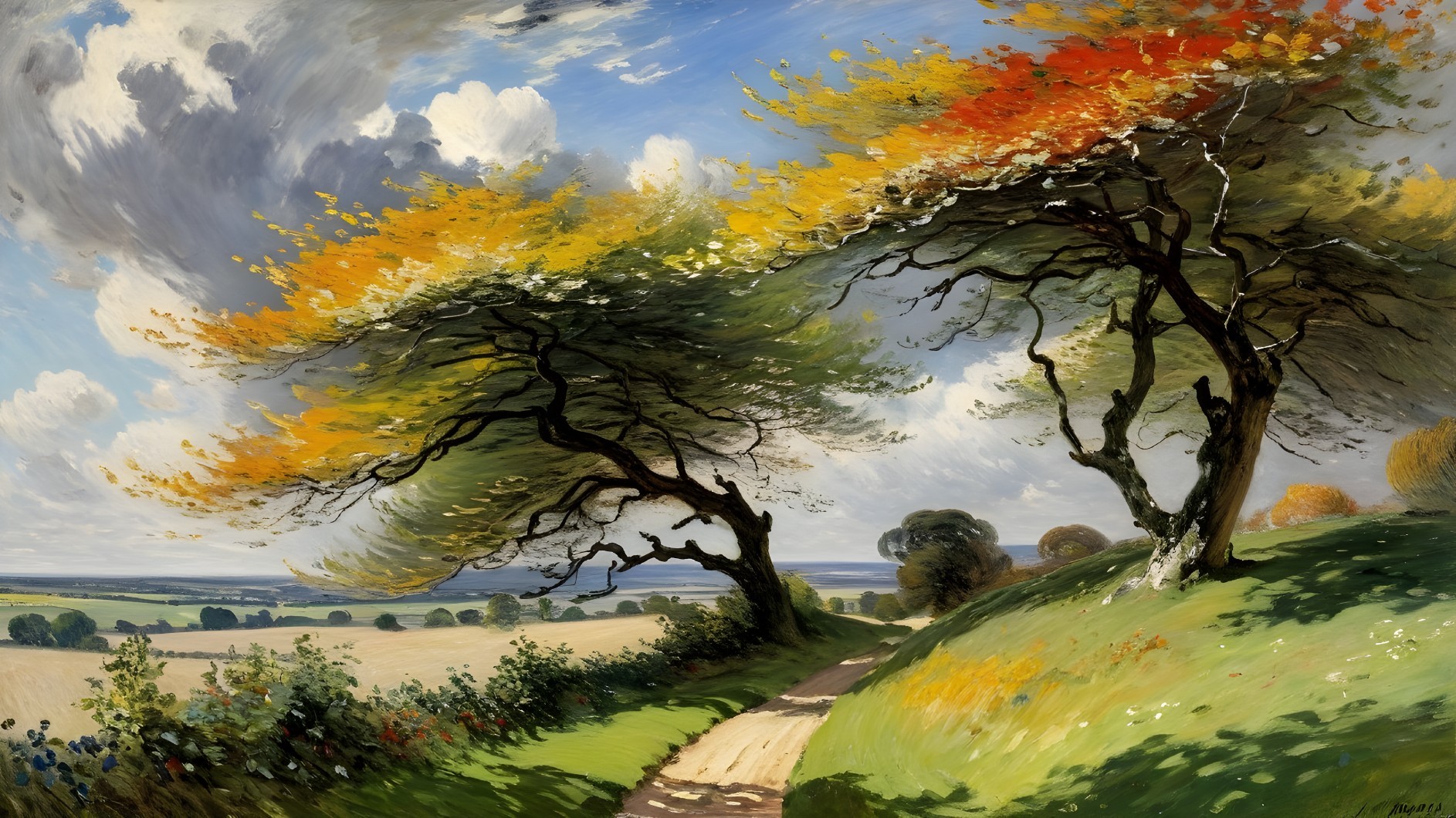 Autumn Landscape with Curved Trees and Winding Path