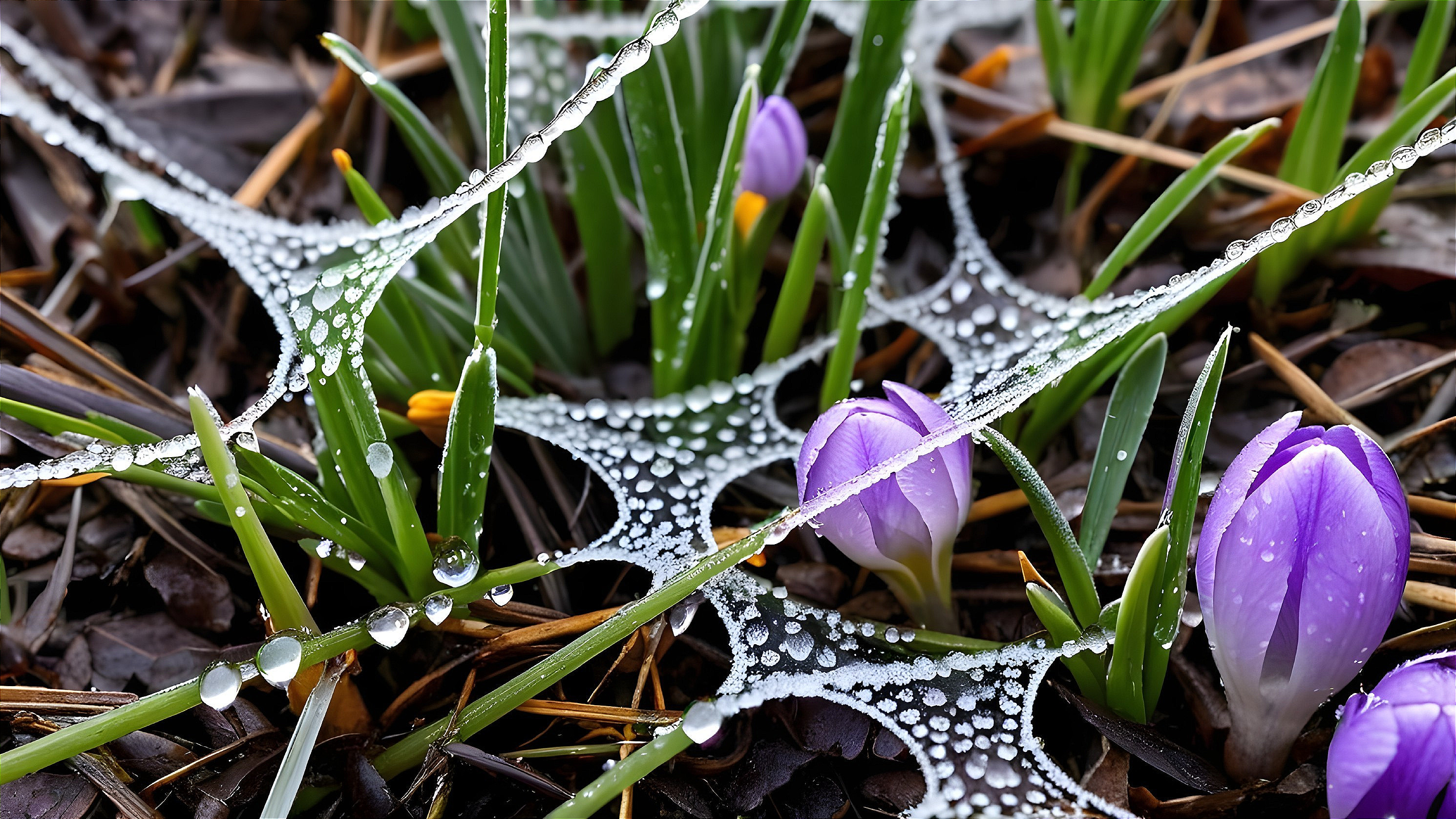 Purple Crocuses and Dewy Spiderwebs in Nature