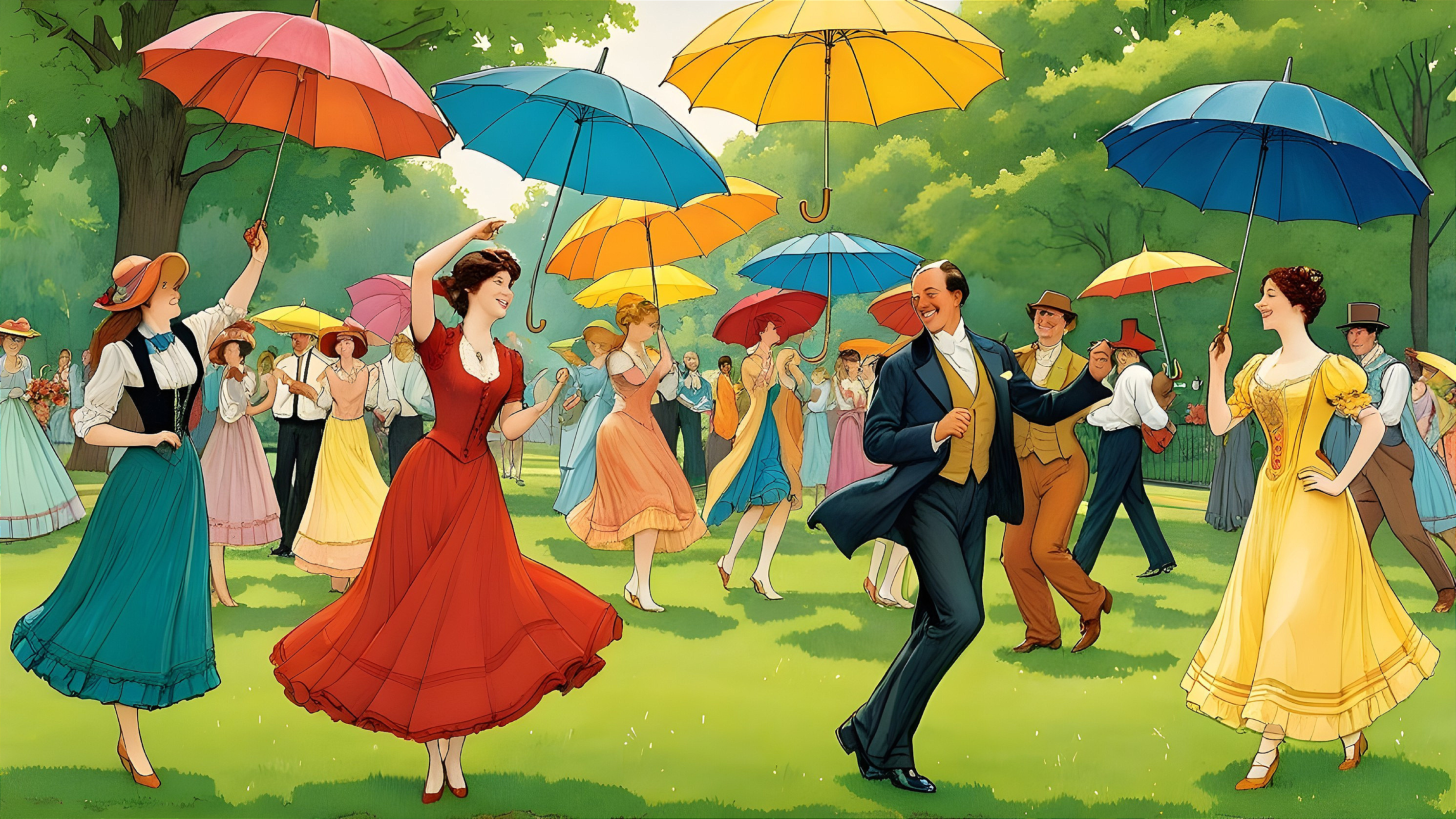 Outdoor Dance Scene with Colorful Umbrellas and Trees