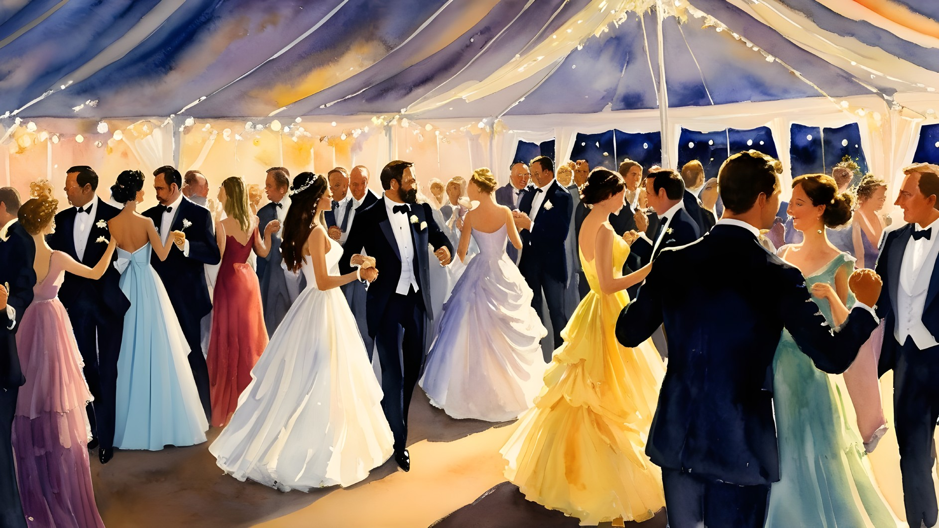 Vibrant Wedding Reception Under a Lit Tent