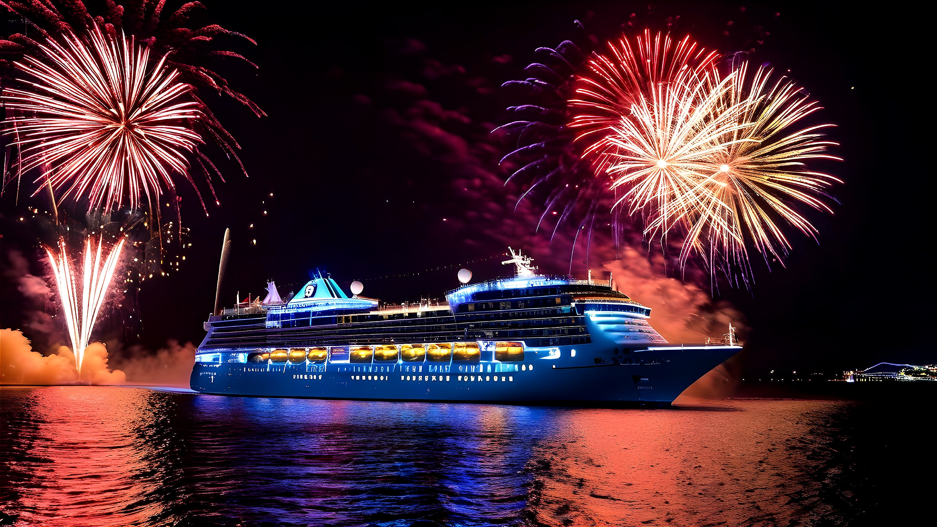 Cruise Ship with Fireworks in Night Sky Reflection