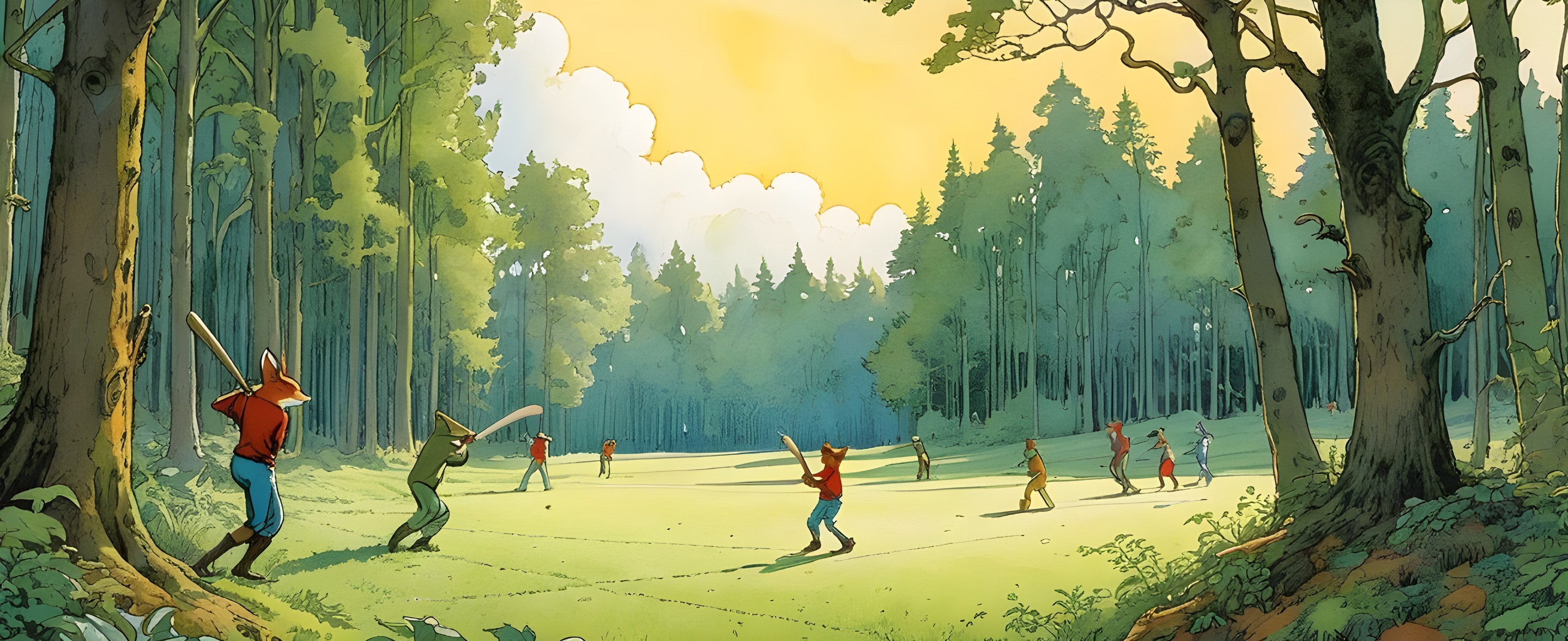 Children Playing Cricket in a Vibrant Forest at Sunset
