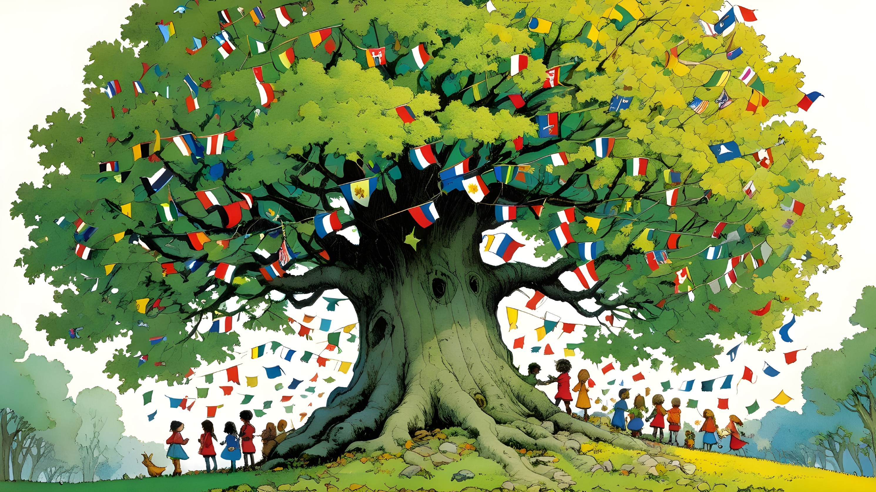Whimsical tree with flags and children in unity