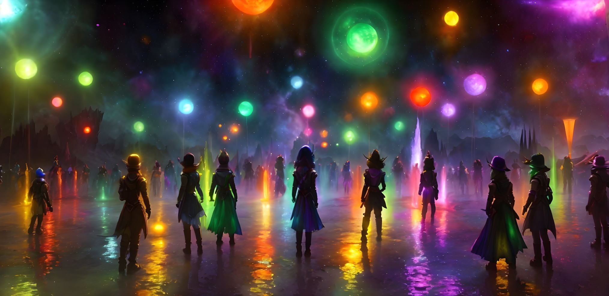 Mystical Landscape with Starry Sky and Glowing Orbs