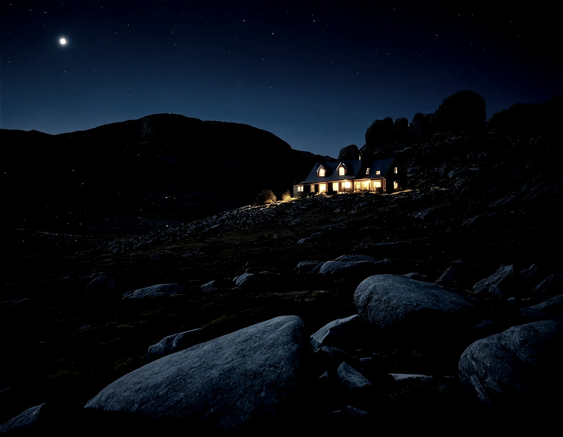 Cozy House Under Starry Sky with Mountains and Boulders