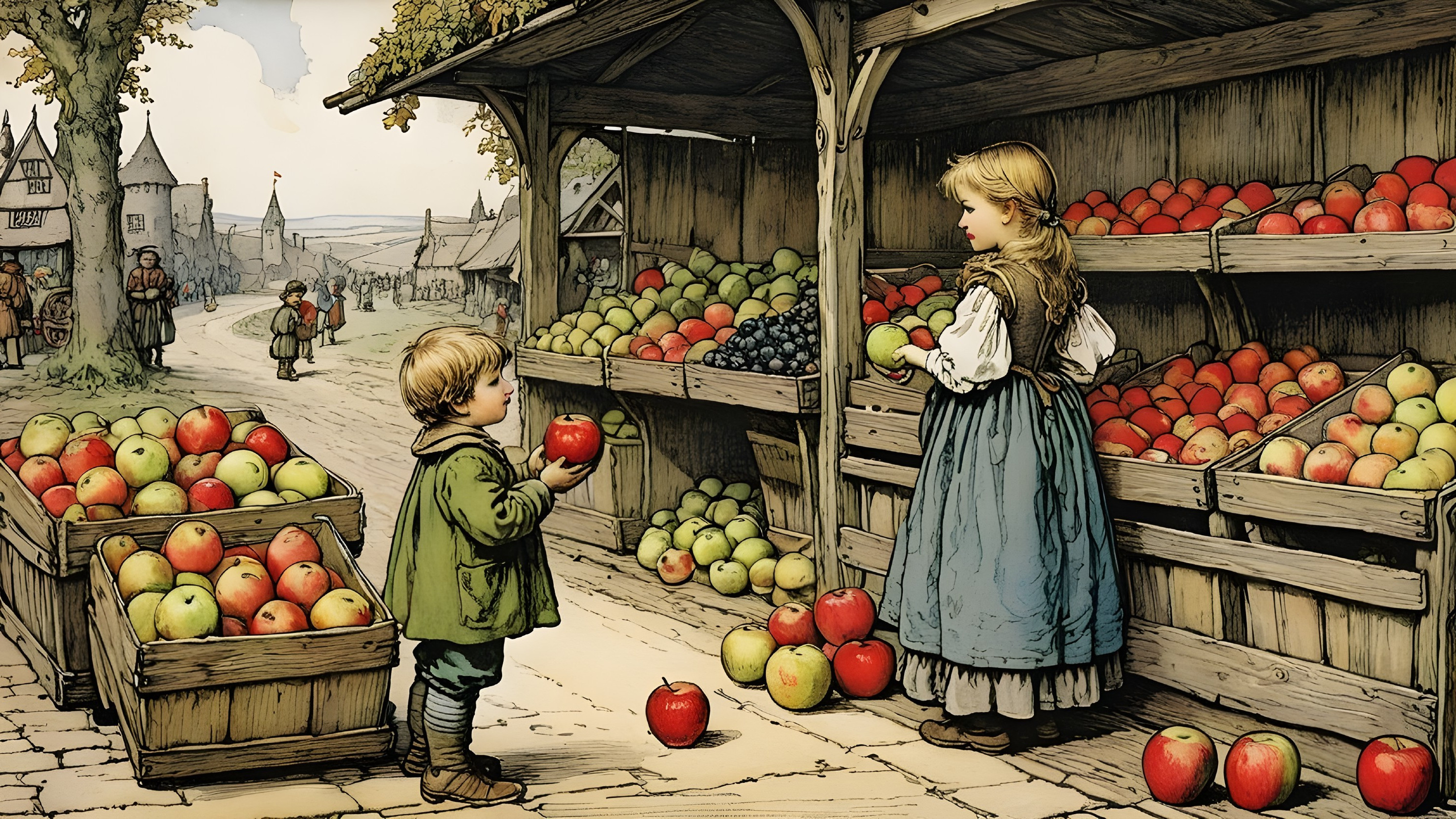 Marketplace Scene with Boy, Girl, and Vibrant Fruit