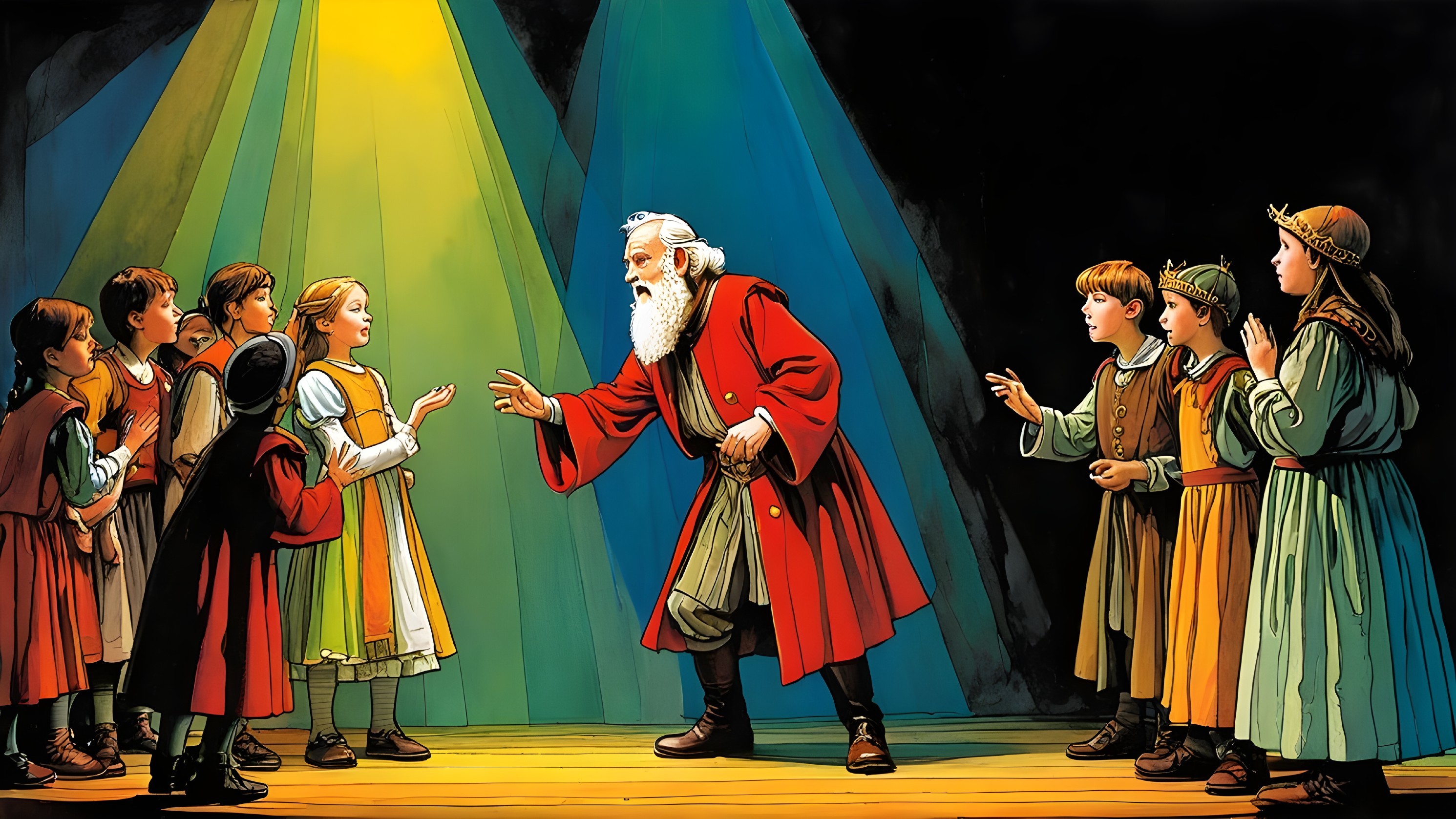 Wise Old Man Engages Children in Colorful Costumes