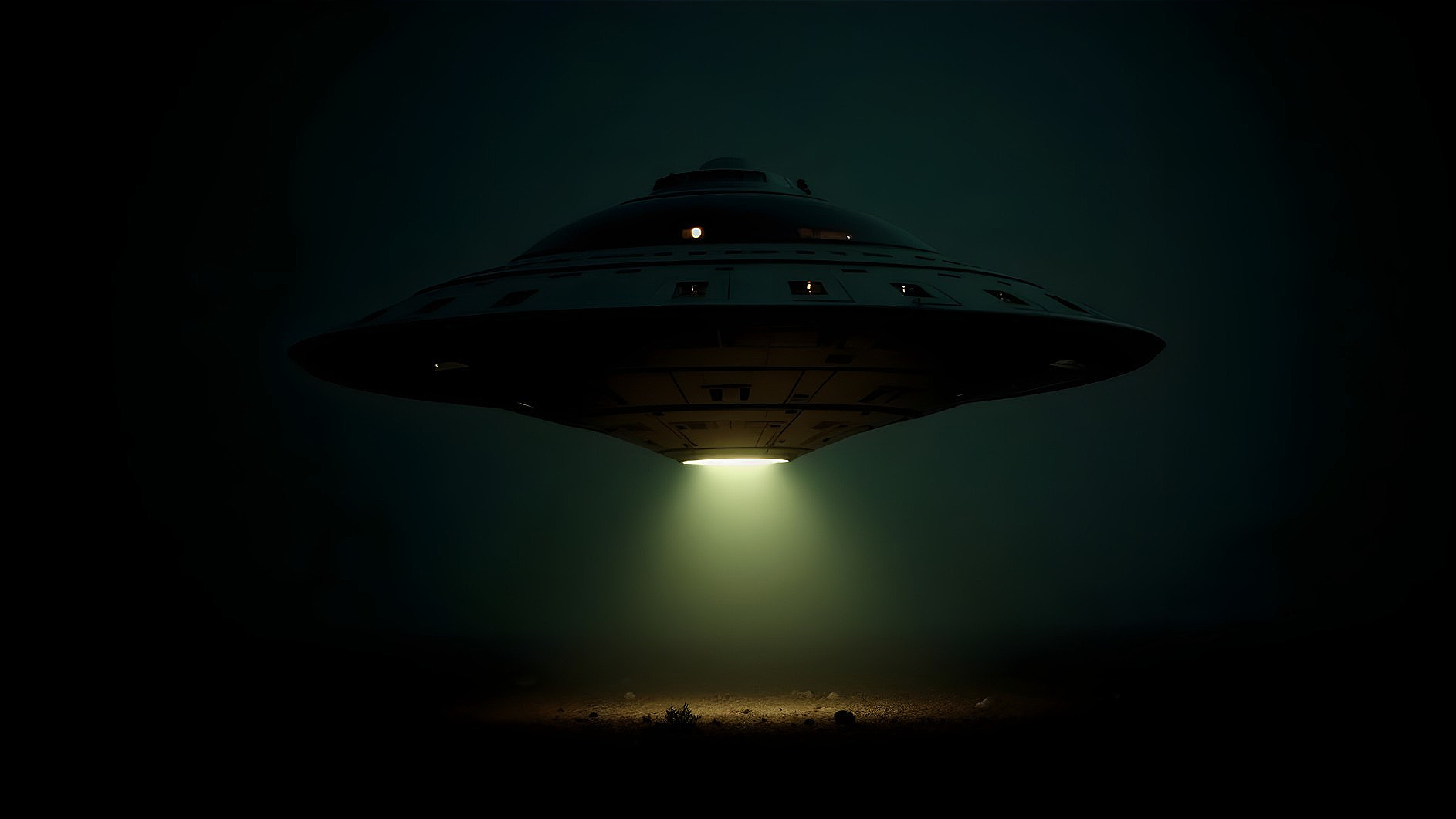 Futuristic UFO Hovering in Dark Atmosphere with Light