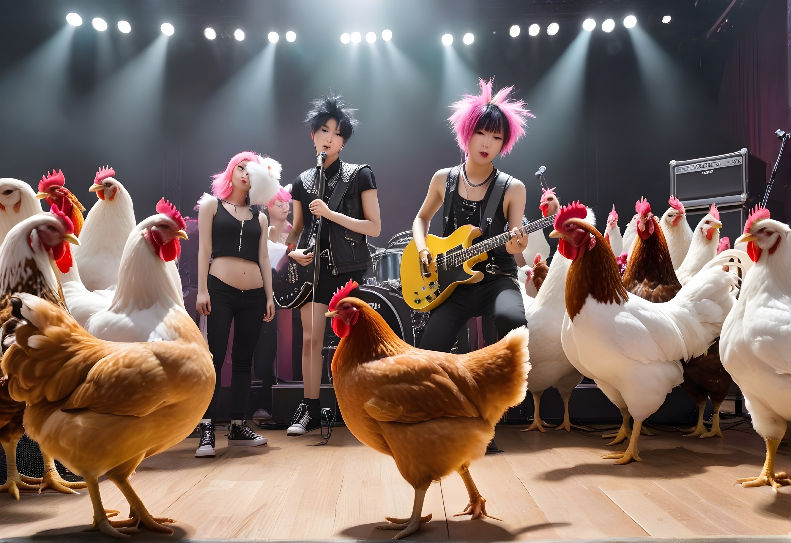 Concert with Band Members and Chickens on Stage