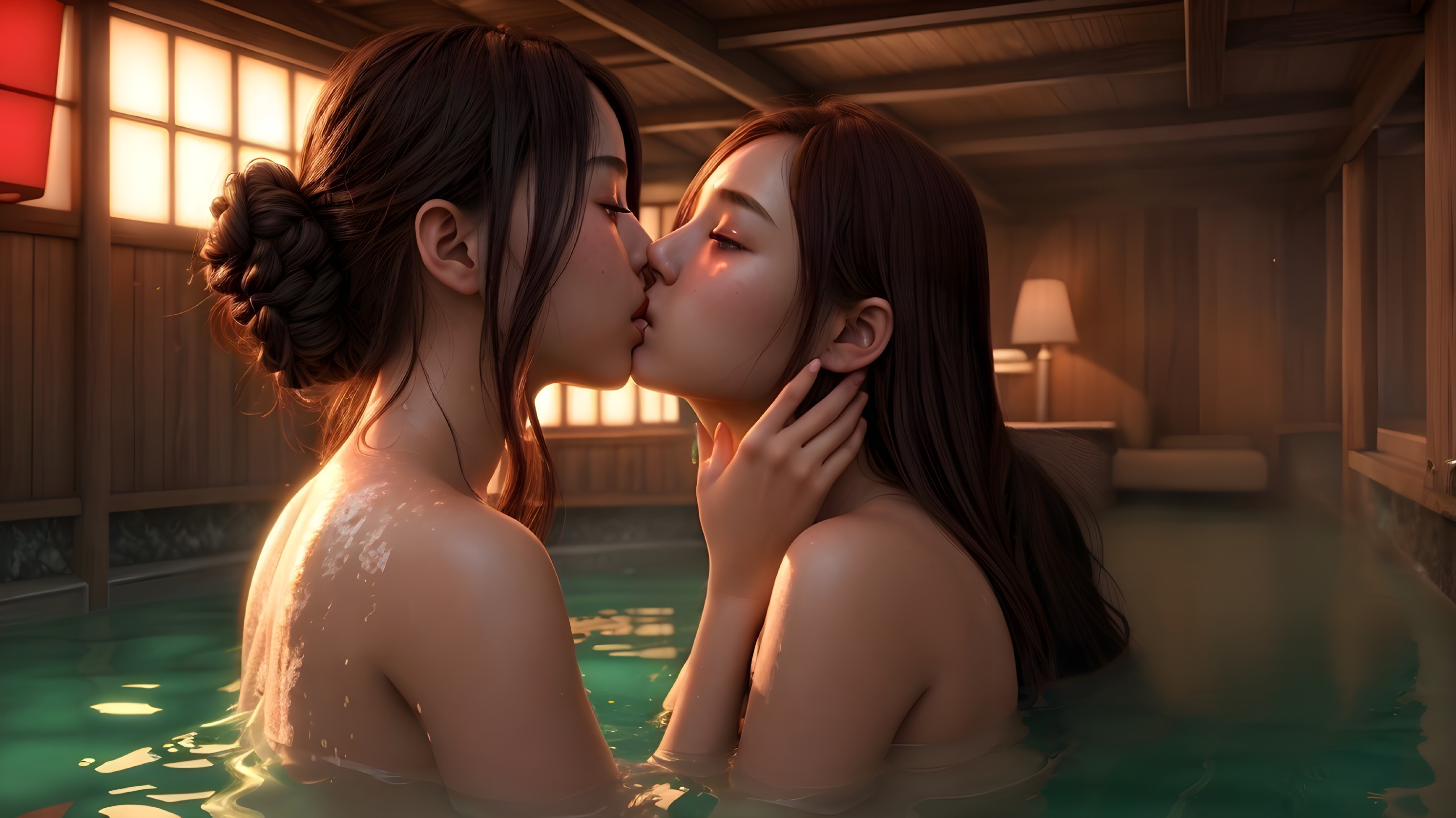 Intimate Moment in a Warm Wooden Bathhouse