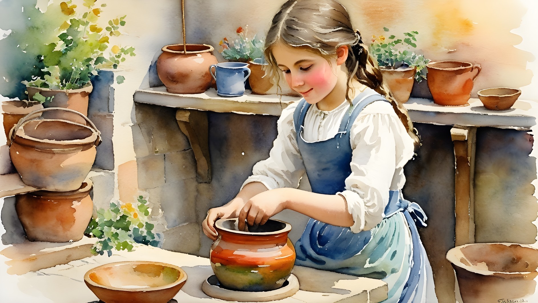 Young Girl Molding Clay in Sunlit Pottery Workshop