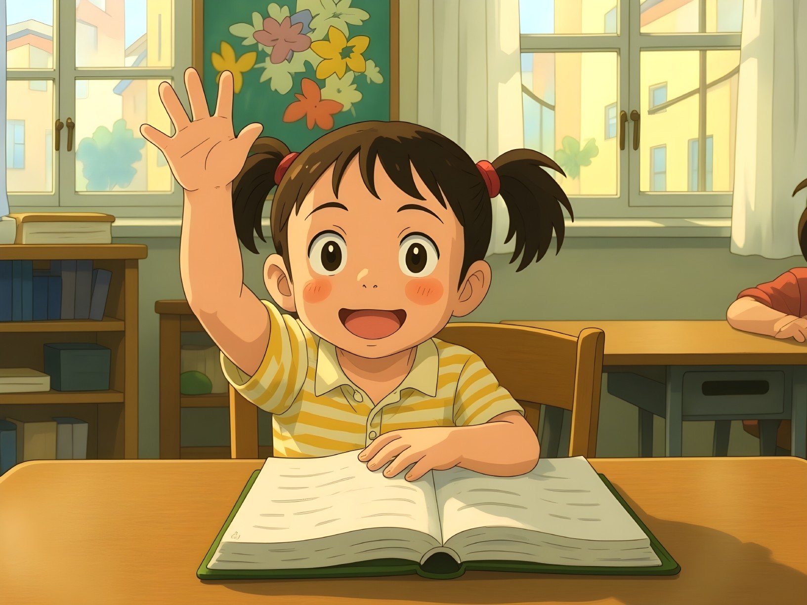 Cheerful Girl in Bright Classroom with Open Book