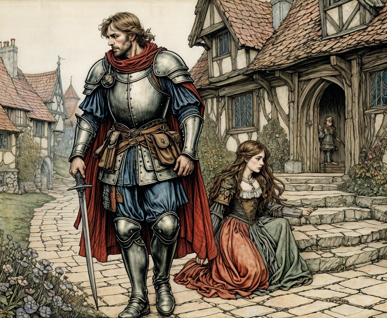 Knight and Woman in Medieval Village Setting